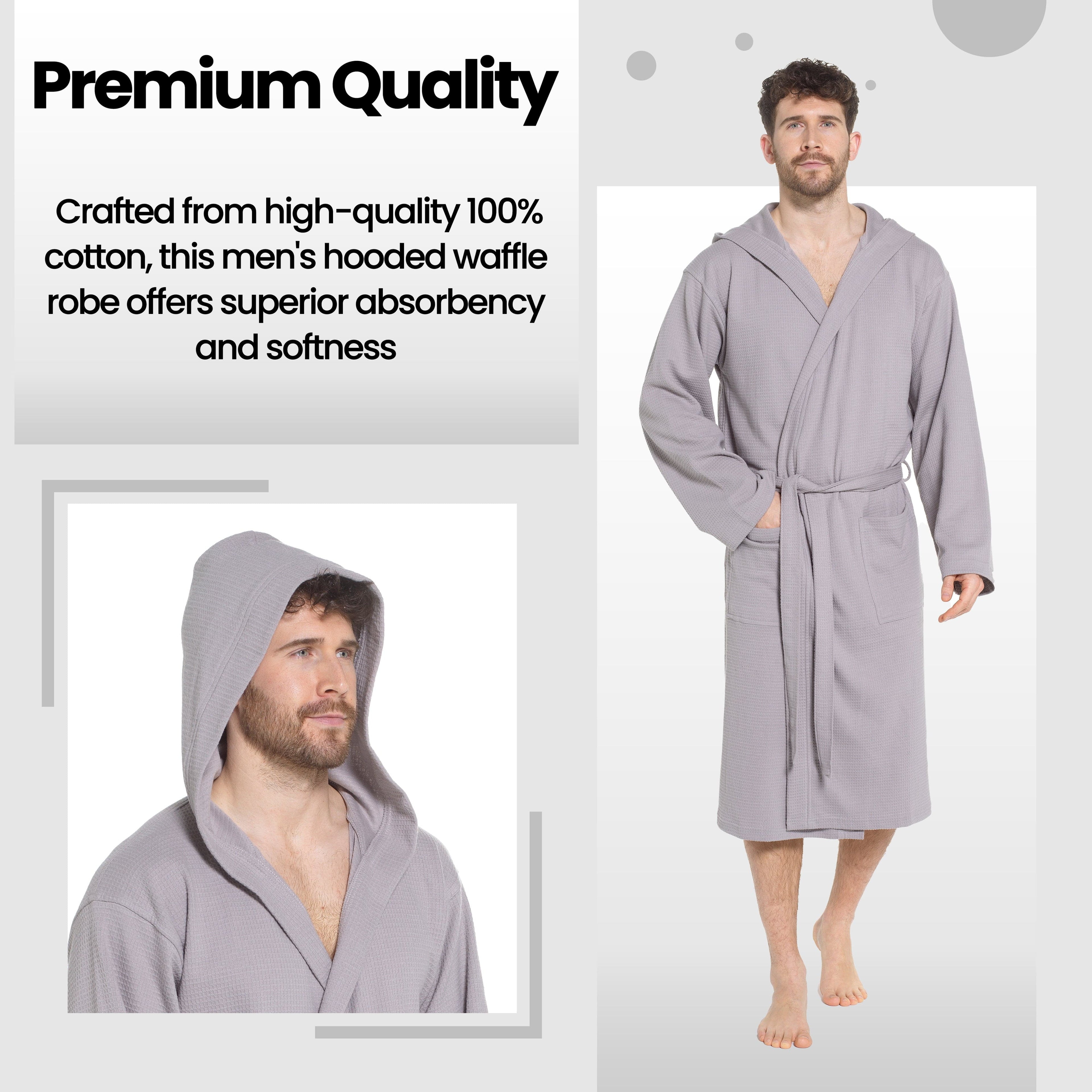 Sock Stack Mens Hooded Waffle Cotton Bathrobe Grey 100% Cotton Super Absorbent Super Soft Cosy Dressing Gown