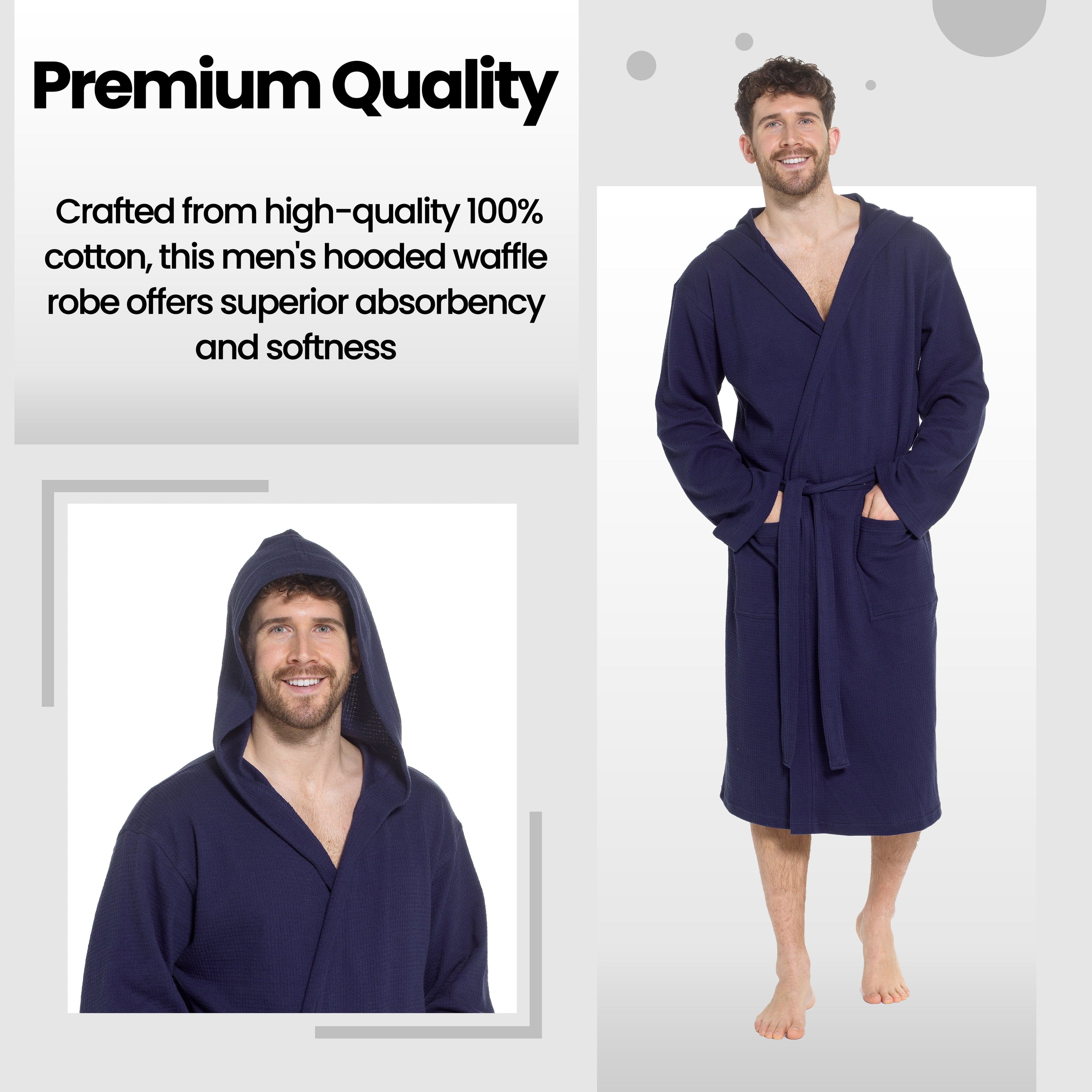 Sock Stack Men's Hooded Waffle Cotton Bathrobe Navy 100% Cotton Super Absorbent Spa
