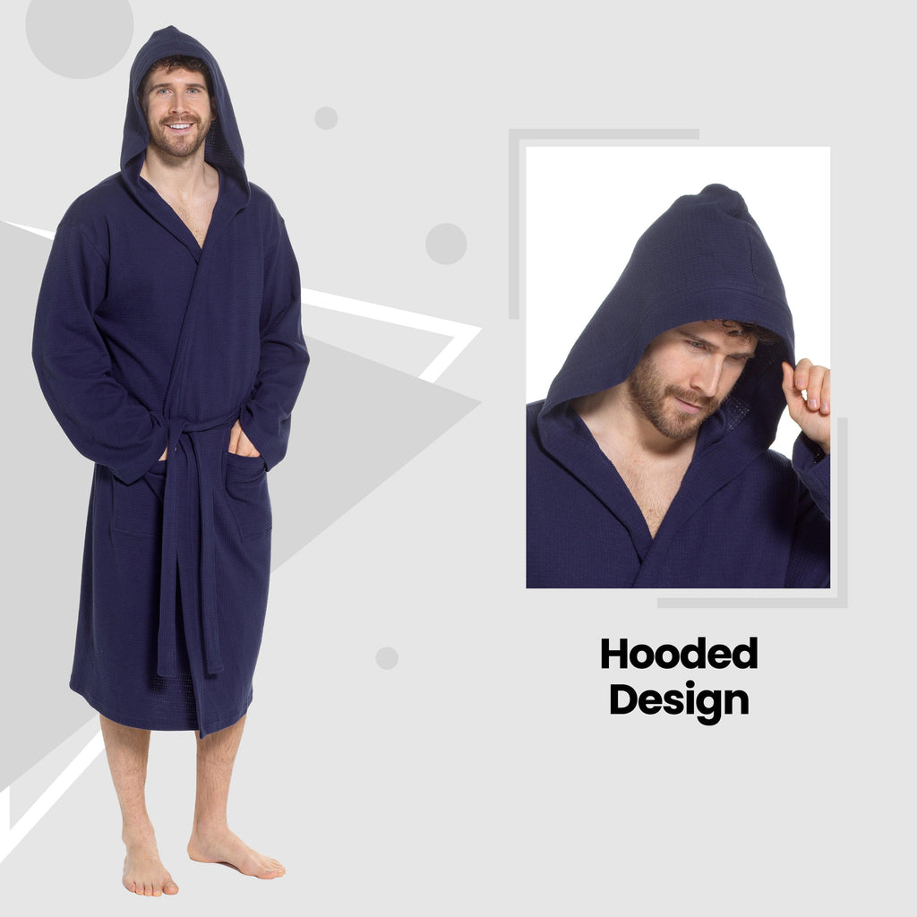 Sock Stack Men's Hooded Waffle Cotton Bathrobe Navy 100% Cotton Super Absorbent Spa