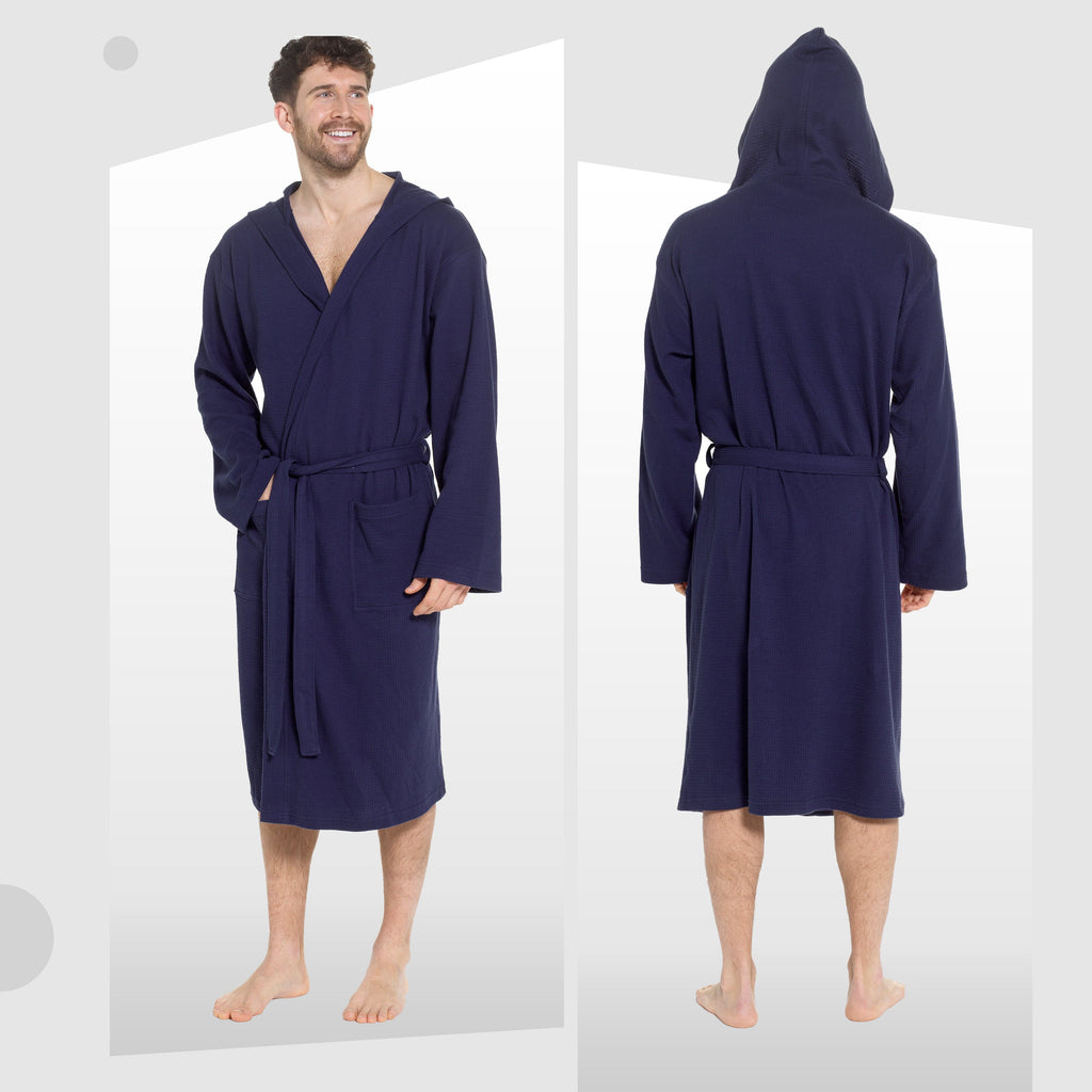 Sock Stack Men's Hooded Waffle Cotton Bathrobe Navy 100% Cotton Super Absorbent Spa