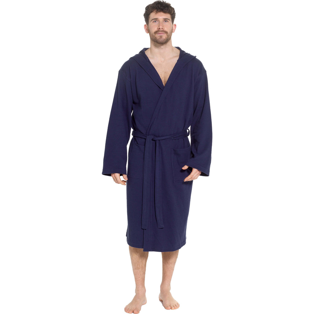 Sock Stack Men's Hooded Waffle Cotton Bathrobe Navy 100% Cotton Super Absorbent Spa