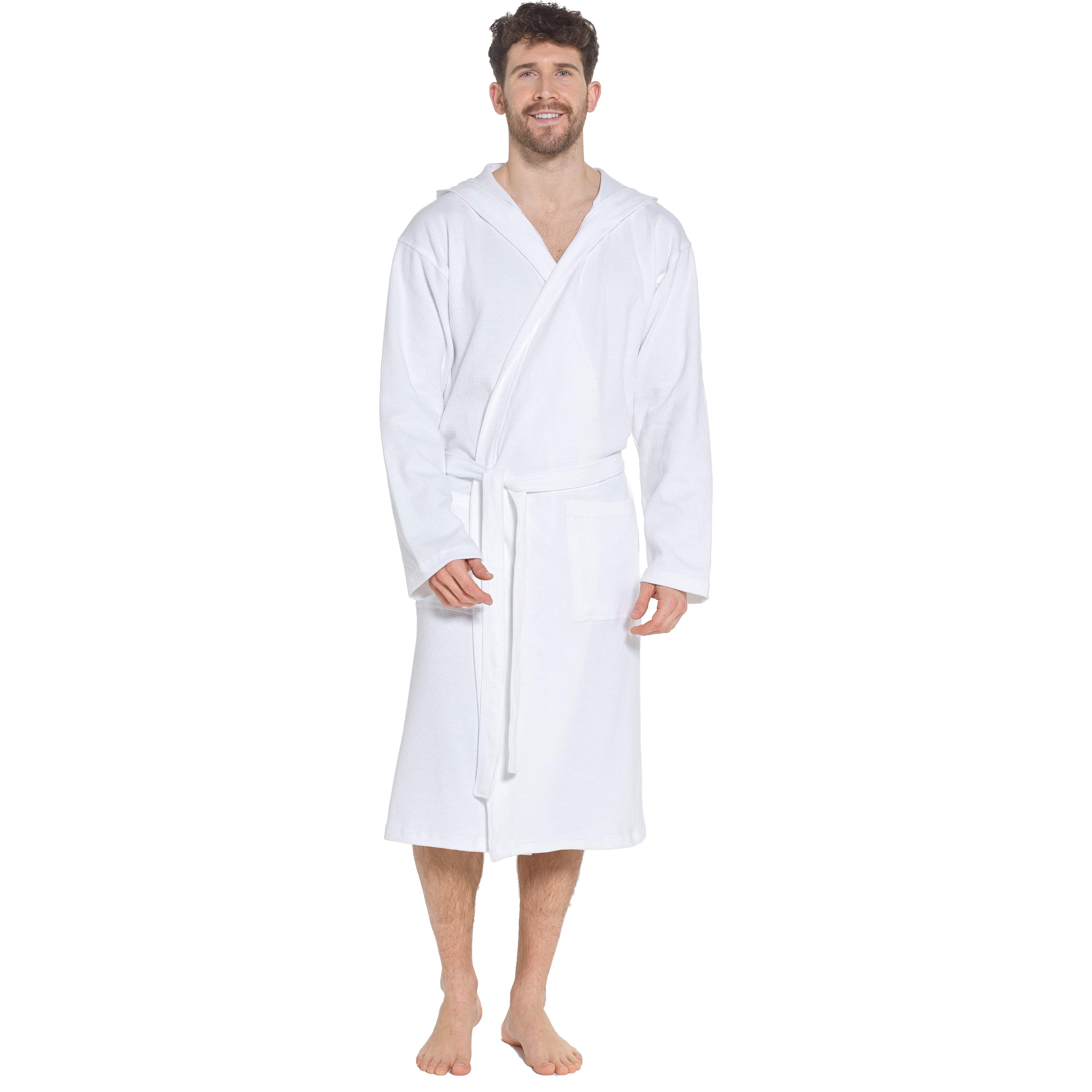 Sock Stack Men’s Hooded Cotton Bathrobe Waffle Knit White Super Absorbent Easy Care