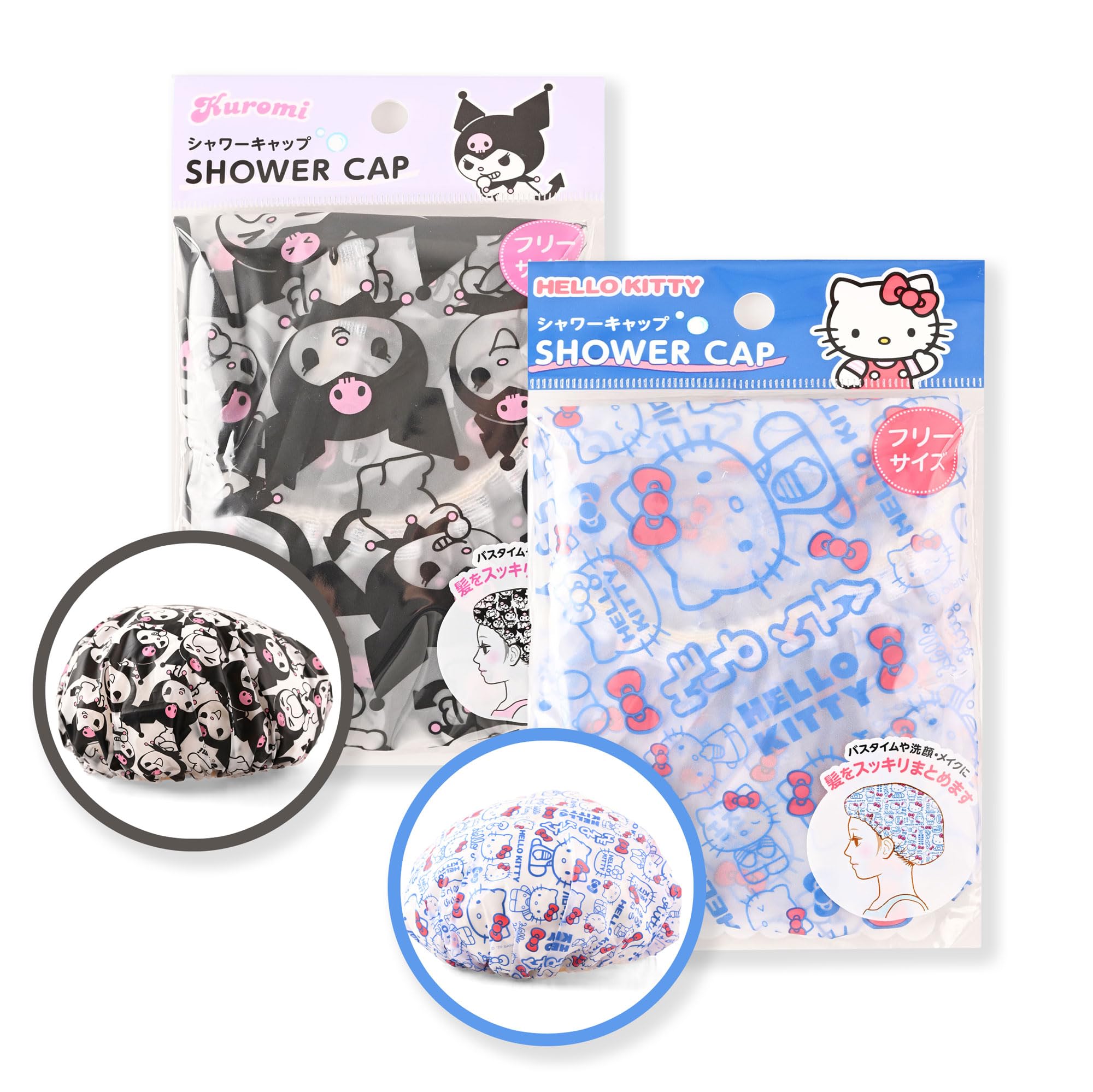 MENBLY Kitty & Kuormi-Bunny Shower Cap 2 Pack | Reusable Waterproof Hair Cover for All Hair Lengths