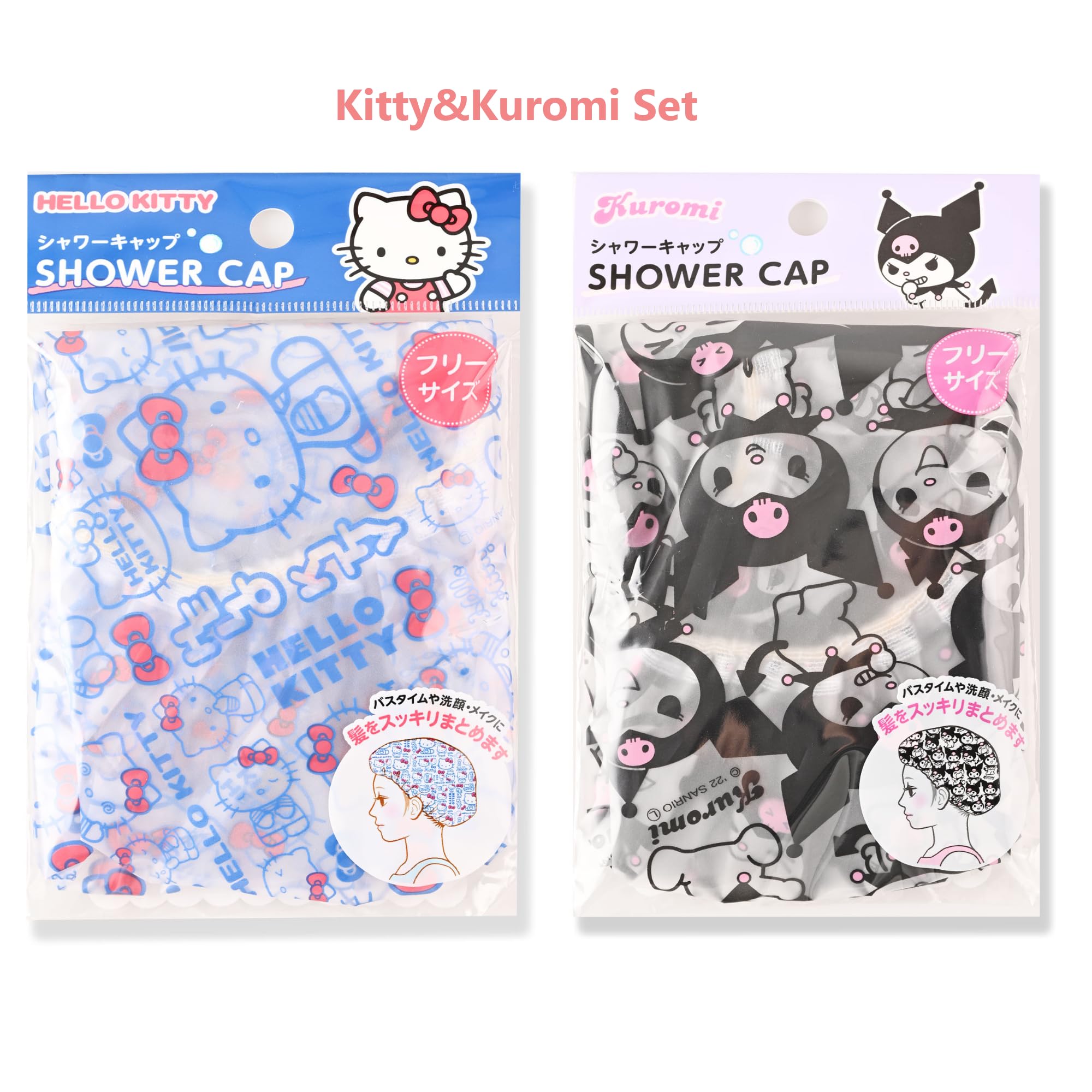 MENBLY Kitty & Kuormi-Bunny Shower Cap 2 Pack | Reusable Waterproof Hair Cover for All Hair Lengths