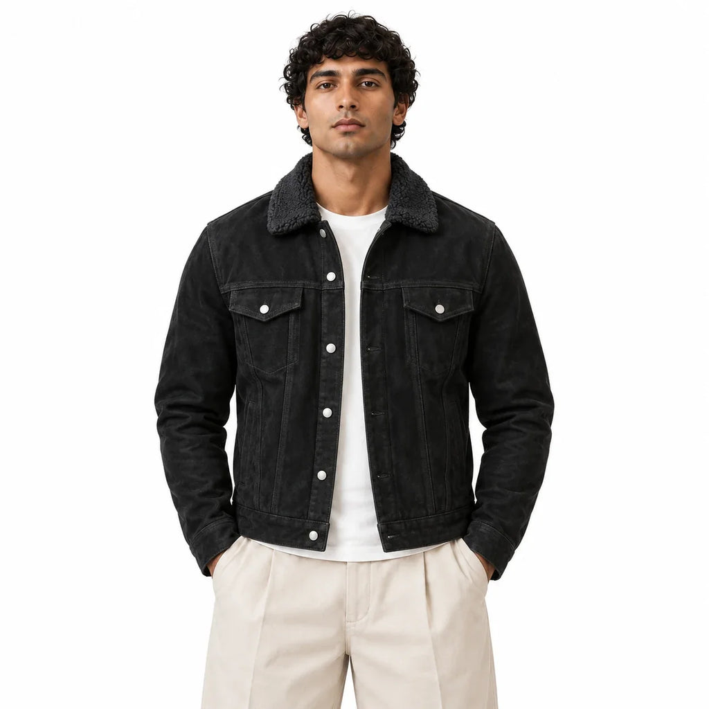 Men's Black Suede Trucker Jacket