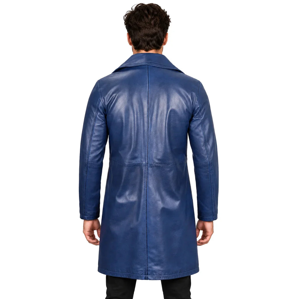 Men's Navy Blue Leather Car Coat