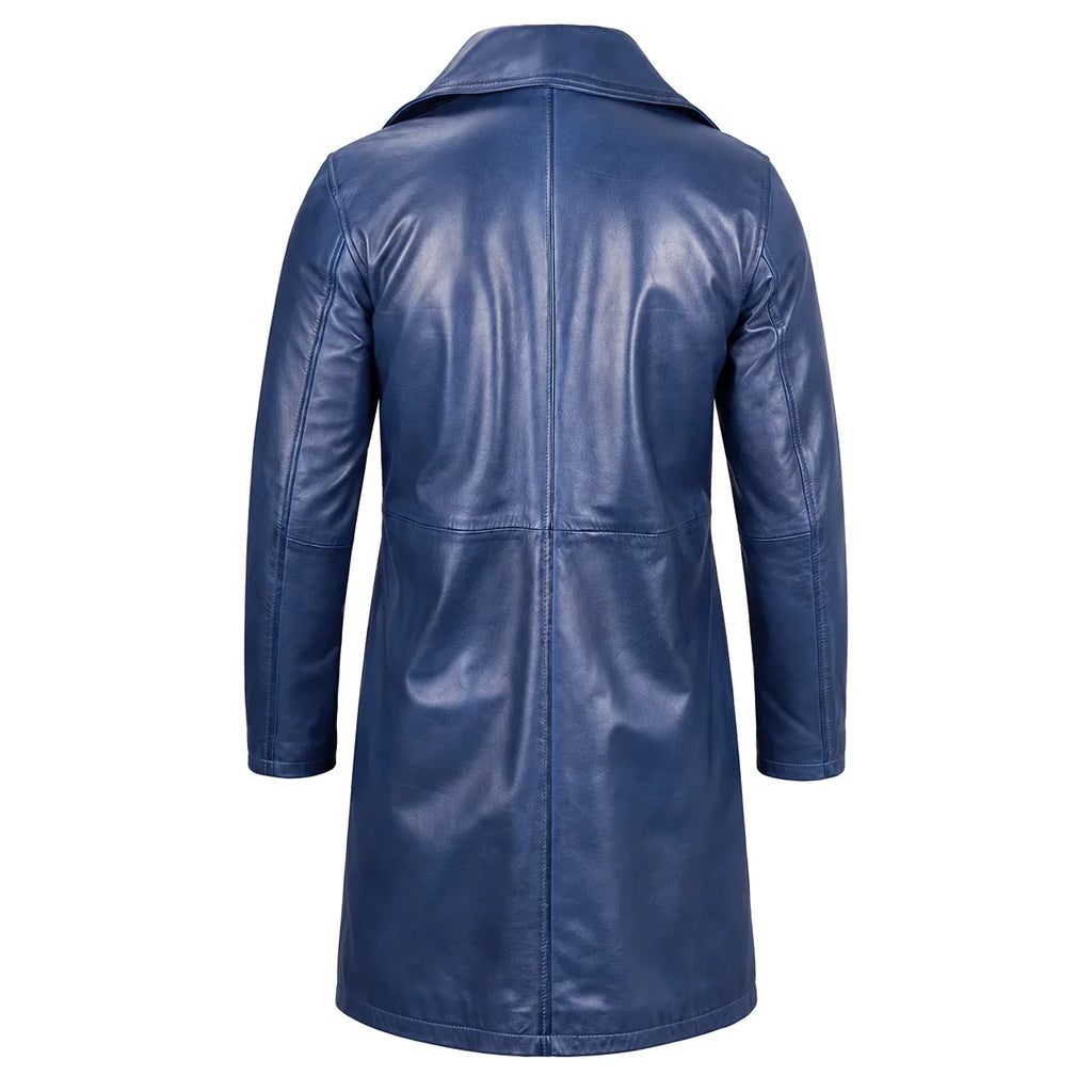 Men's Navy Blue Leather Car Coat