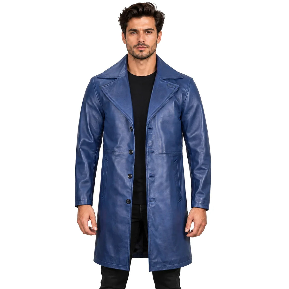 Men's Navy Blue Leather Car Coat