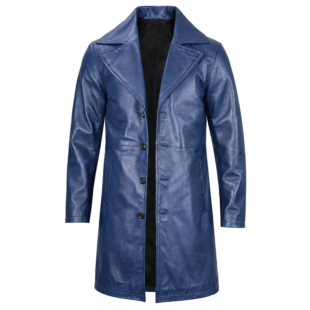 Men's Navy Blue Leather Car Coat