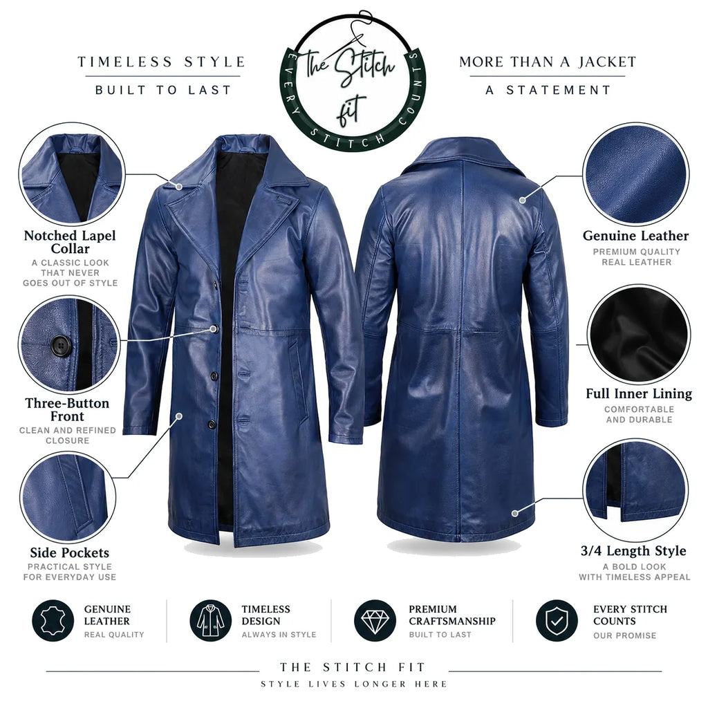 Men's Navy Blue Leather Car Coat