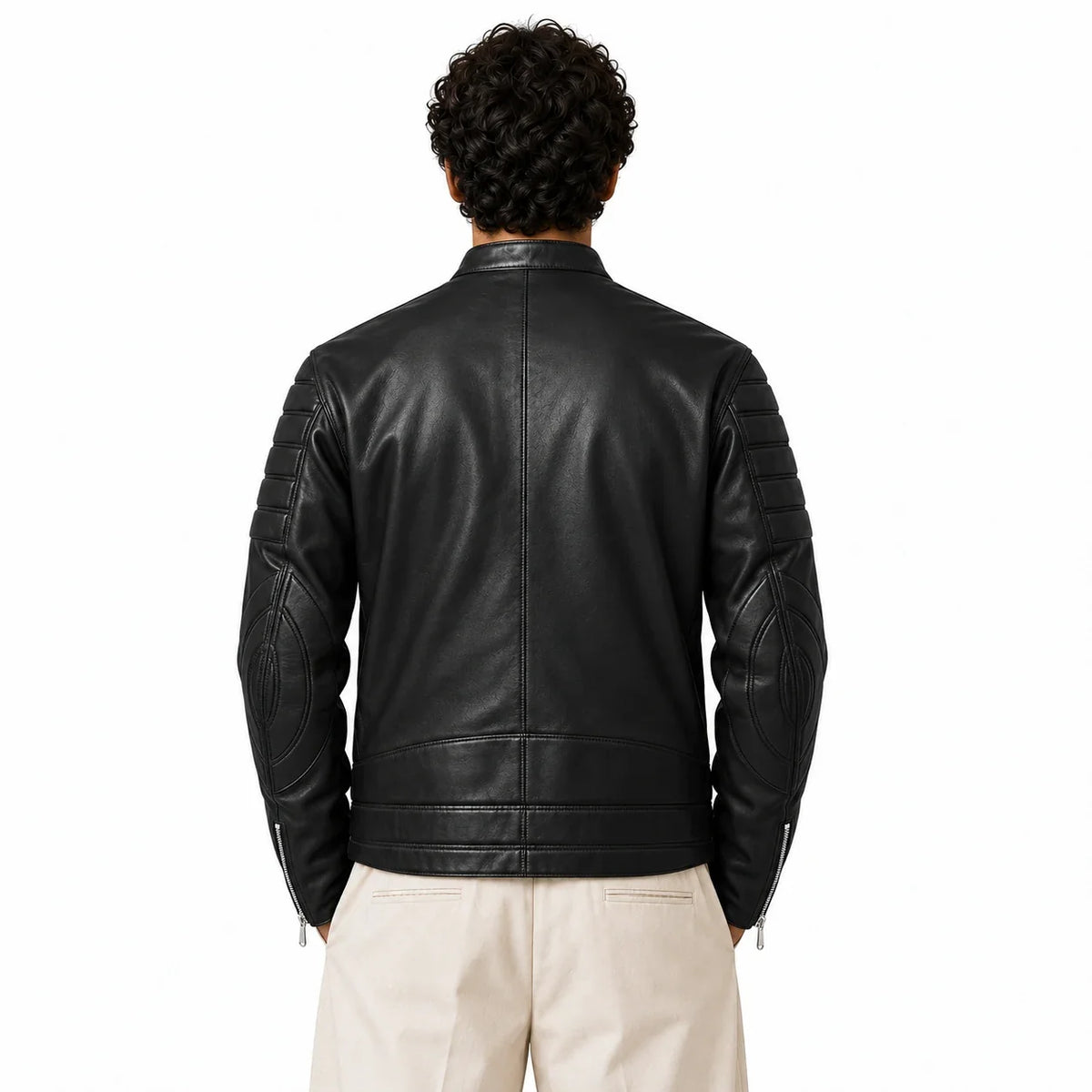 Men's Quilted-Sleeve Leather Moto Jacket