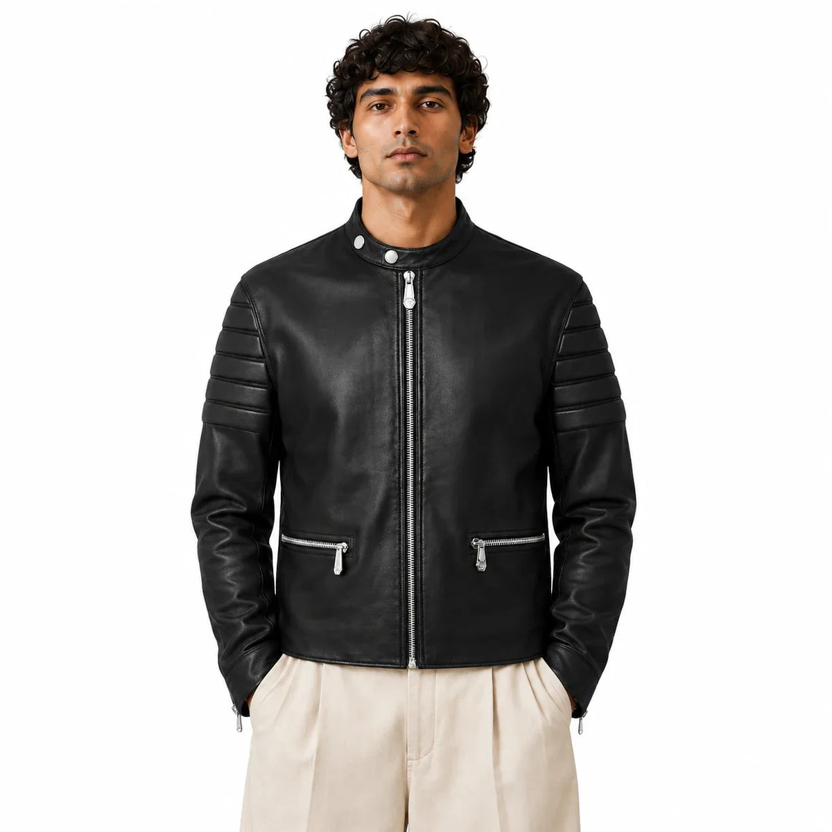 Men's Quilted-Sleeve Leather Moto Jacket