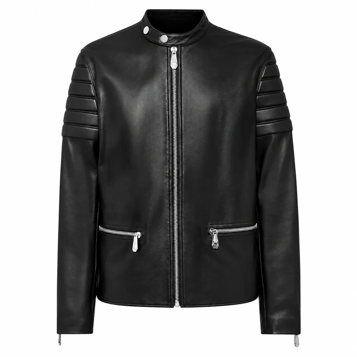 Men's Quilted-Sleeve Leather Moto Jacket