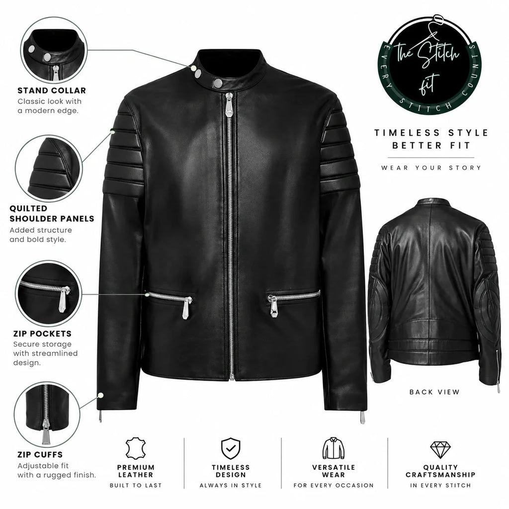 Men's Quilted-Sleeve Leather Moto Jacket
