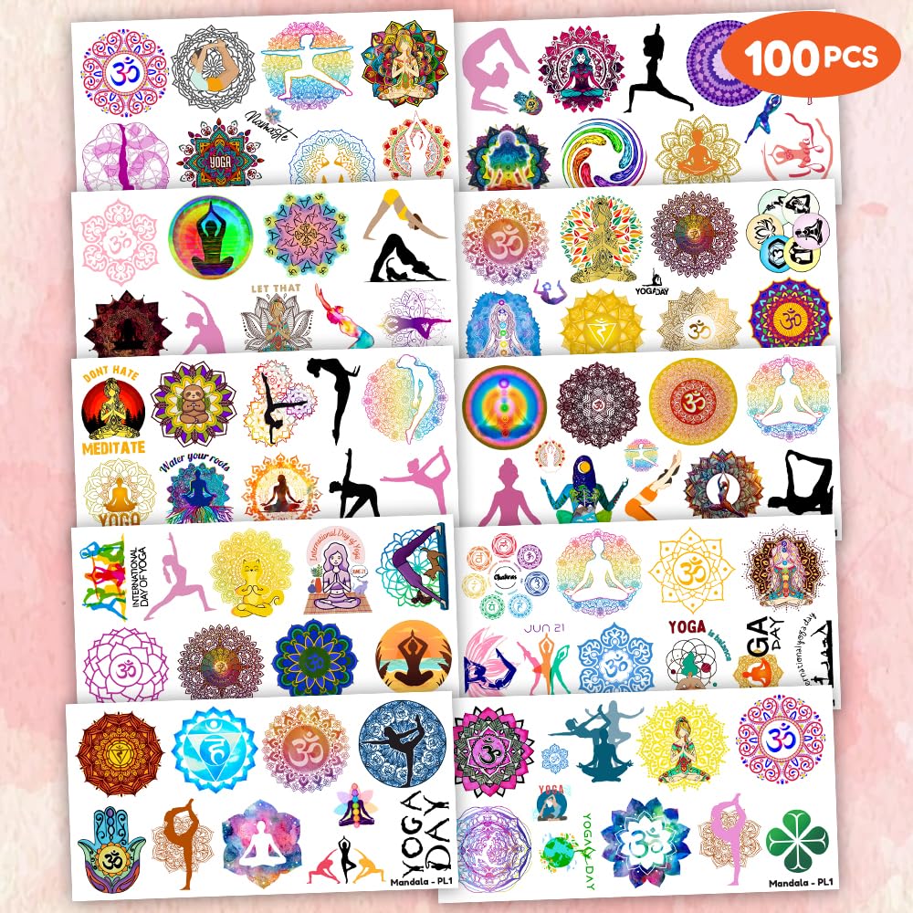 MeoIsDaBest 100 PCS Yoga Day Temporary Tattoos – Mandala Flowers Party Favors & Decor