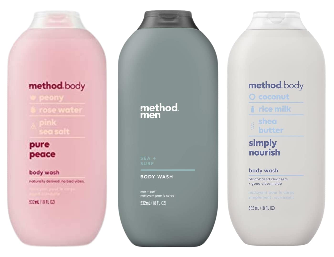 Method Body Wash Sampler Variety Pack – Pure Peace, Sea and Surf, Simply Nourish (3 x 18 oz)