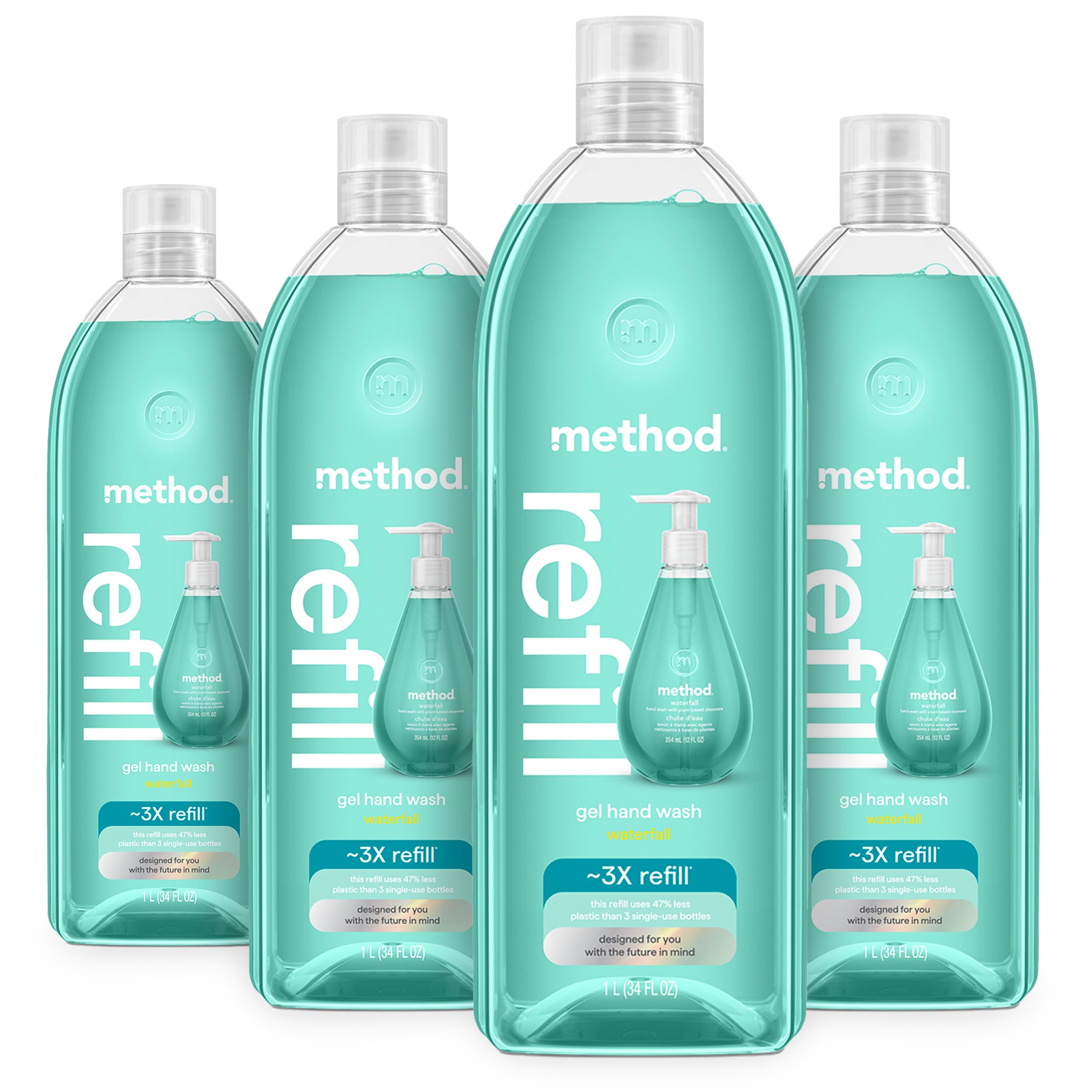 Method Gel Hand Soap Refill Waterfall – 34 oz x4, Recyclable Bottle, Plant-Based Formula