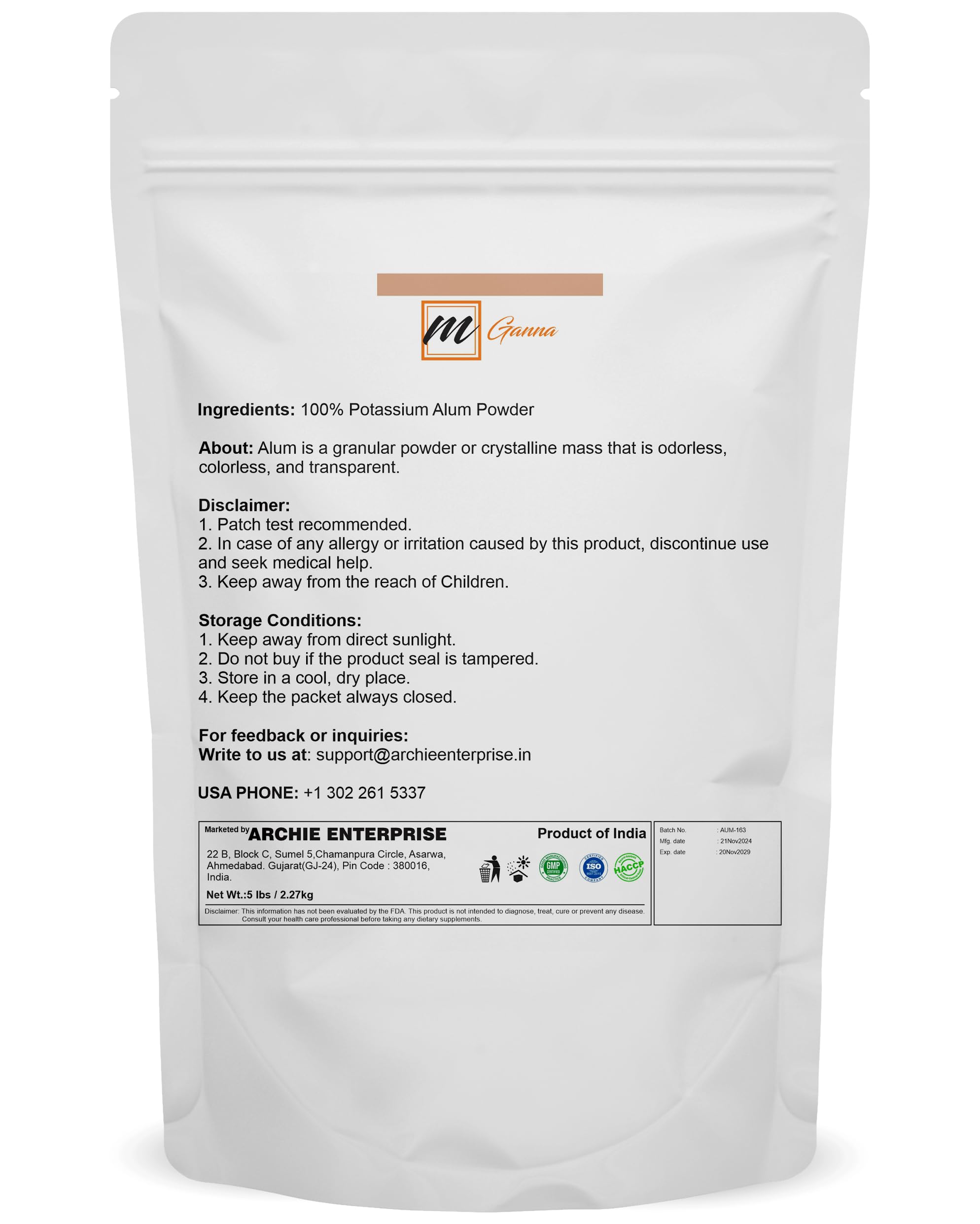 mGanna 100% Natural Alum Powder for Skin & Health Care 5 lbs