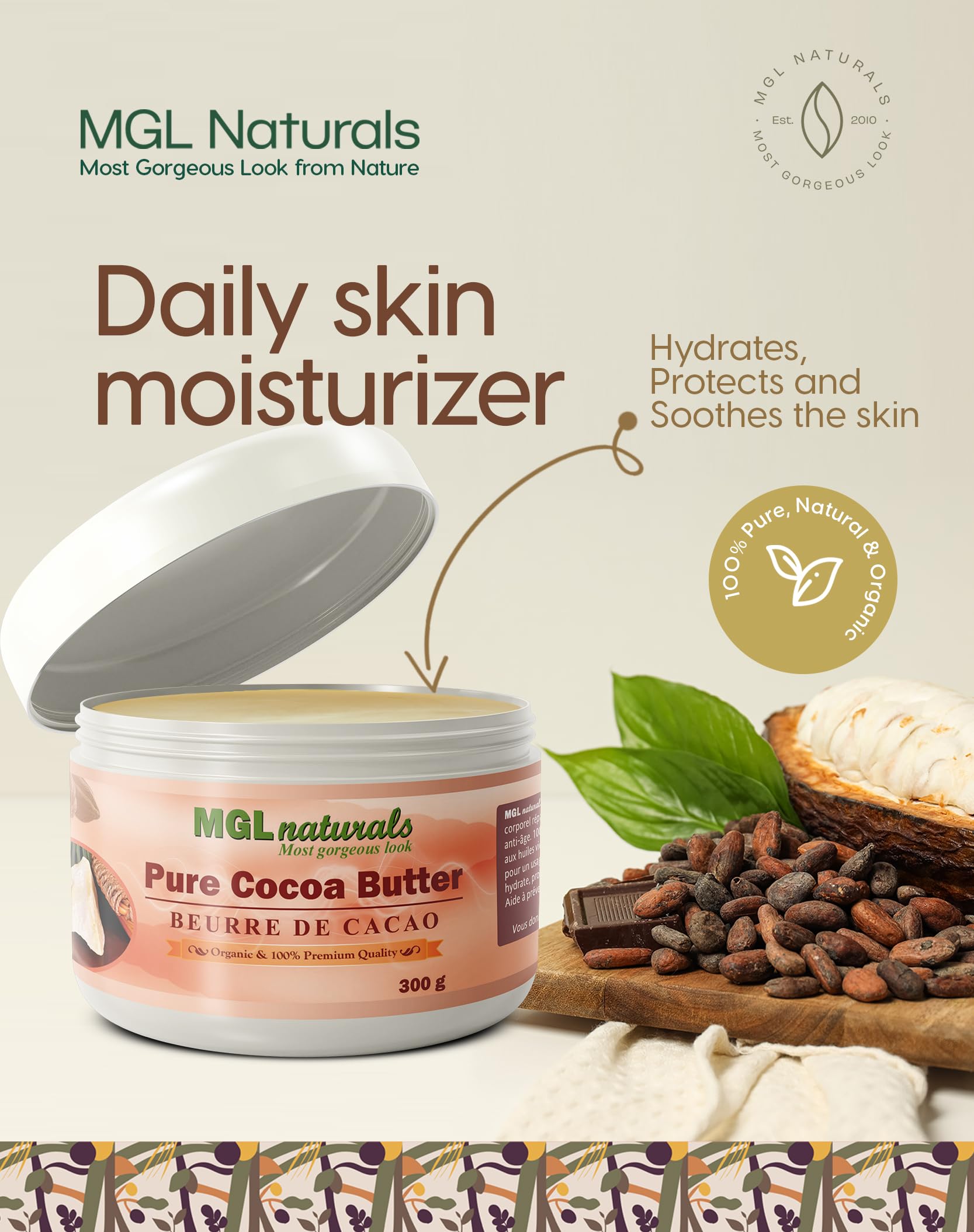 MGL Naturals Raw Cocoa Butter - Whipped, Unrefined 11 oz Body Butter for Hydration, Stretch Marks & Tattoo Care