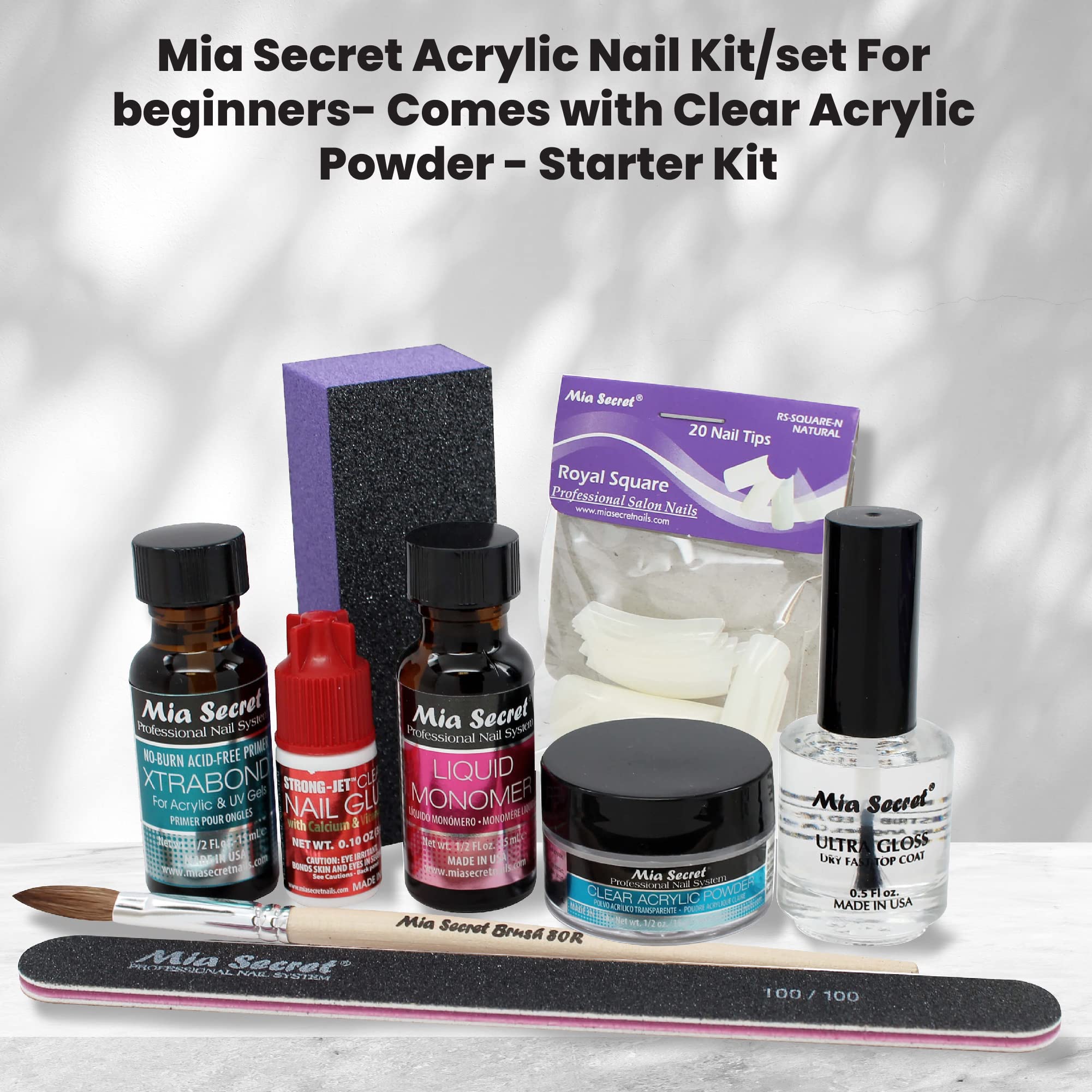 Mia Secret Acrylic Nail Kit — 1/2 oz Monomer, Clear Powder, Top Coat & Tools
