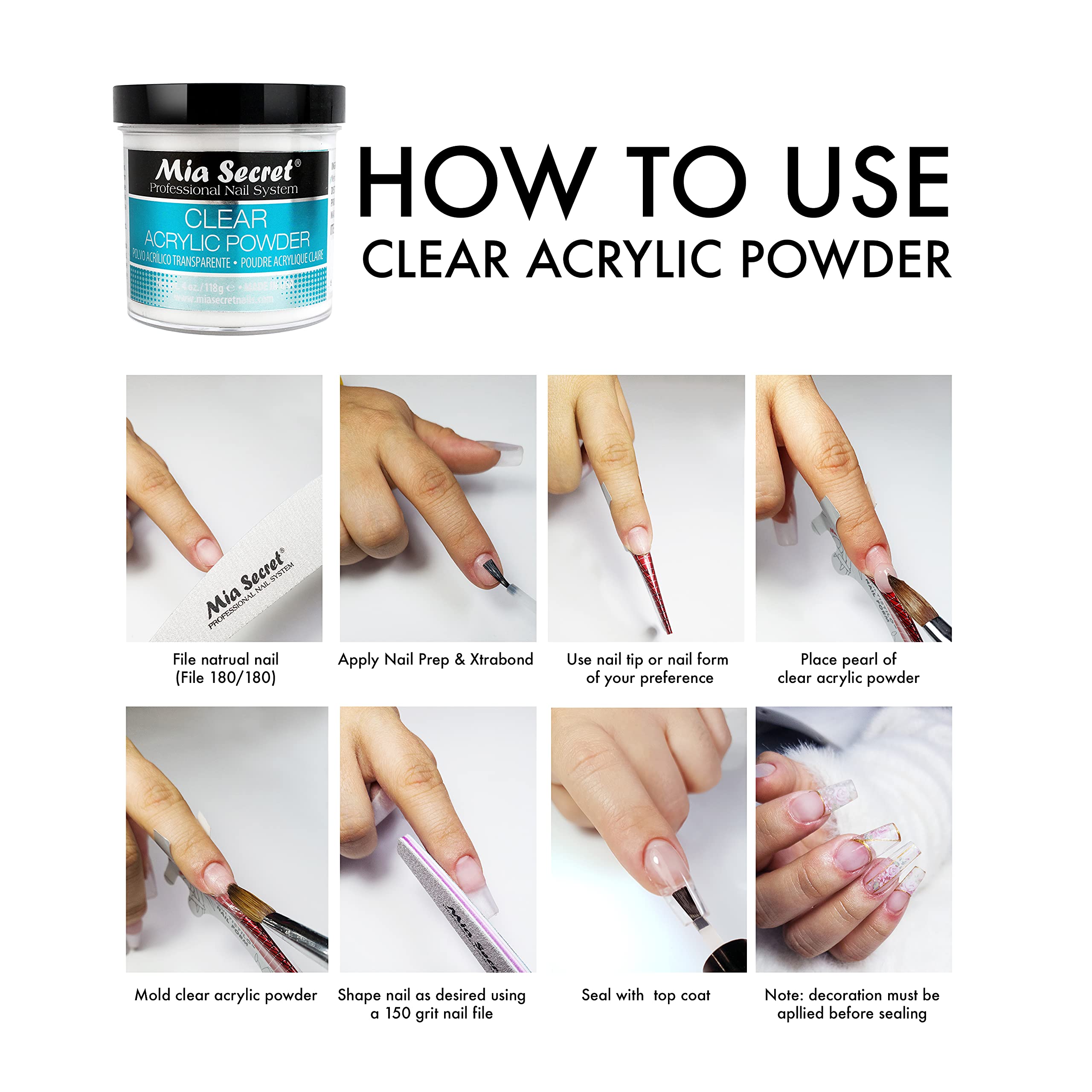 Mia Secret Clear Acrylic Powder 4oz – Self-Leveling, Non-Yellowing Formula for Superior Adhesion