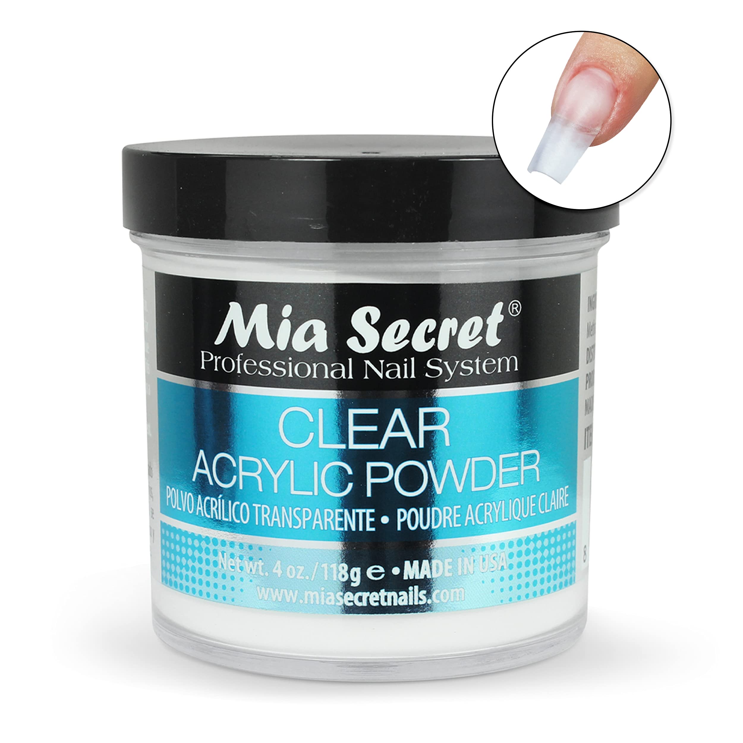 Mia Secret Clear Acrylic Powder 4oz – Self-Leveling, Non-Yellowing Formula for Superior Adhesion