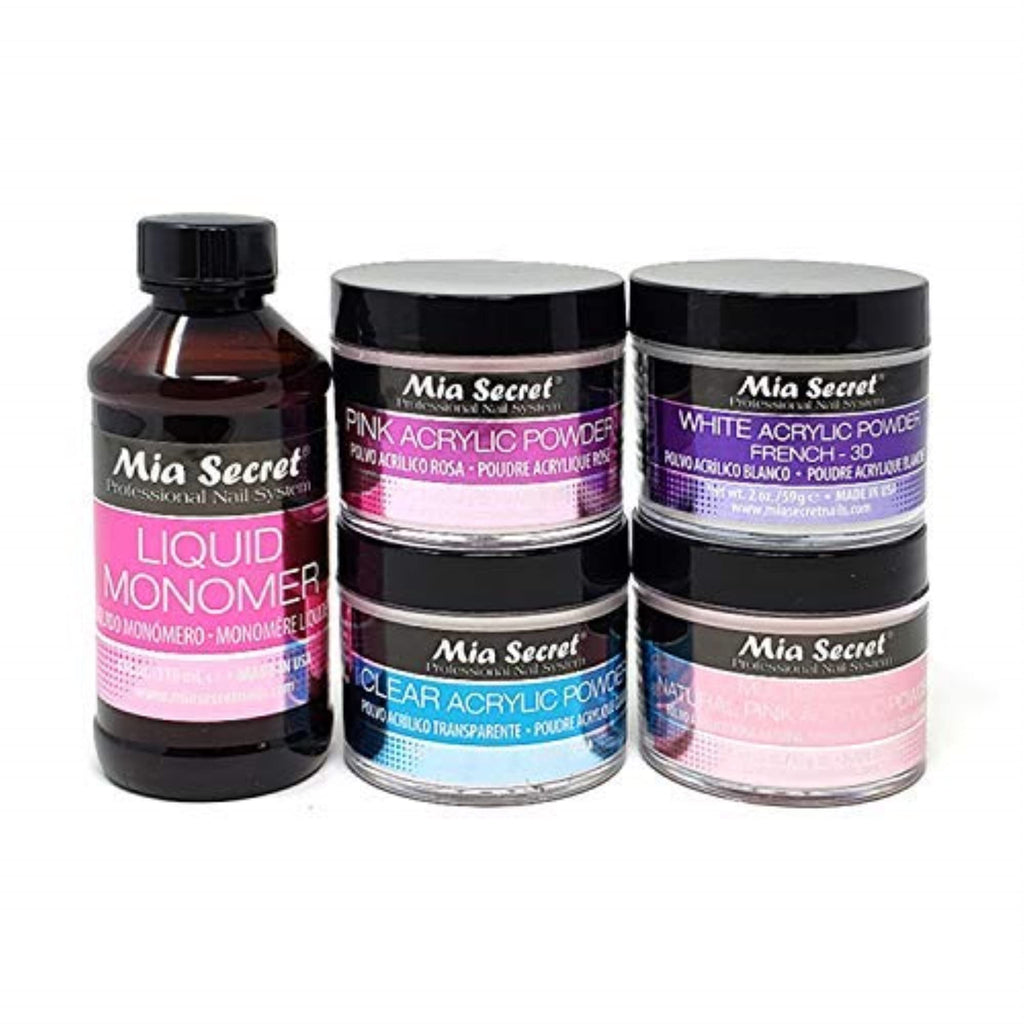 Mia Secret 4 oz Liquid Monomer + Acrylic Powder Set – Pink, Clear, White & Multibalance Pink (2 oz Each)
