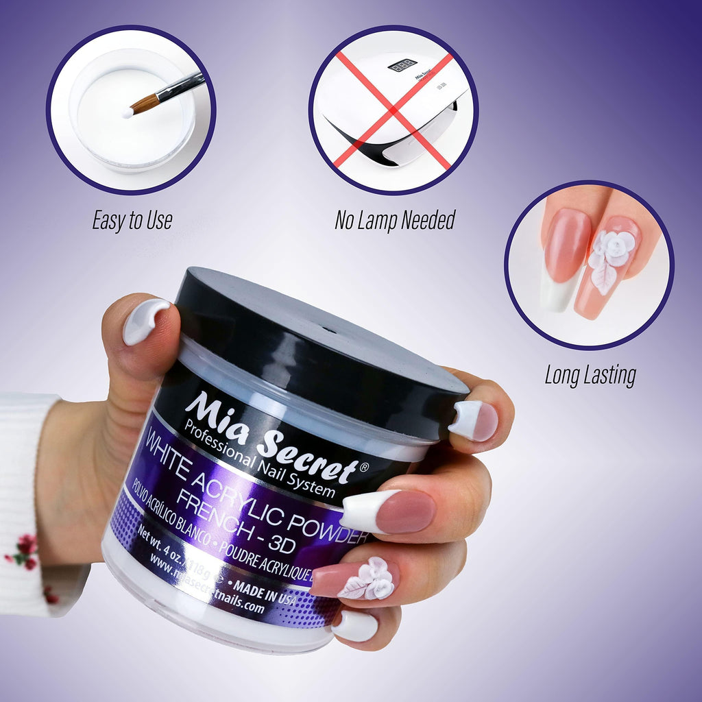 Mia Secret White Acrylic Powder (2oz) – French 3D Nail Art, Non-Yellowing, USA Made
