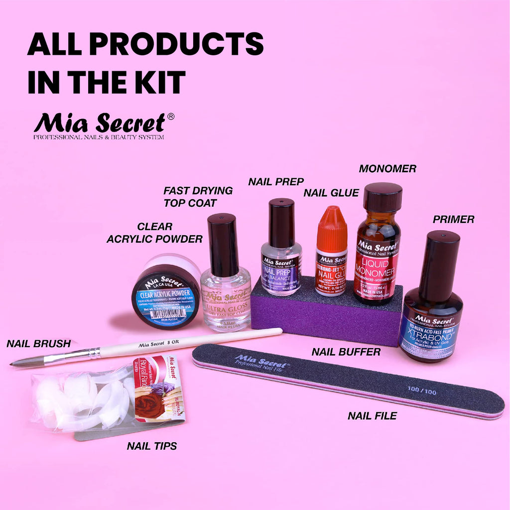 Mia Secret Acrylic Nail Kit — 1/2 oz Monomer, Clear Powder, Top Coat & Tools