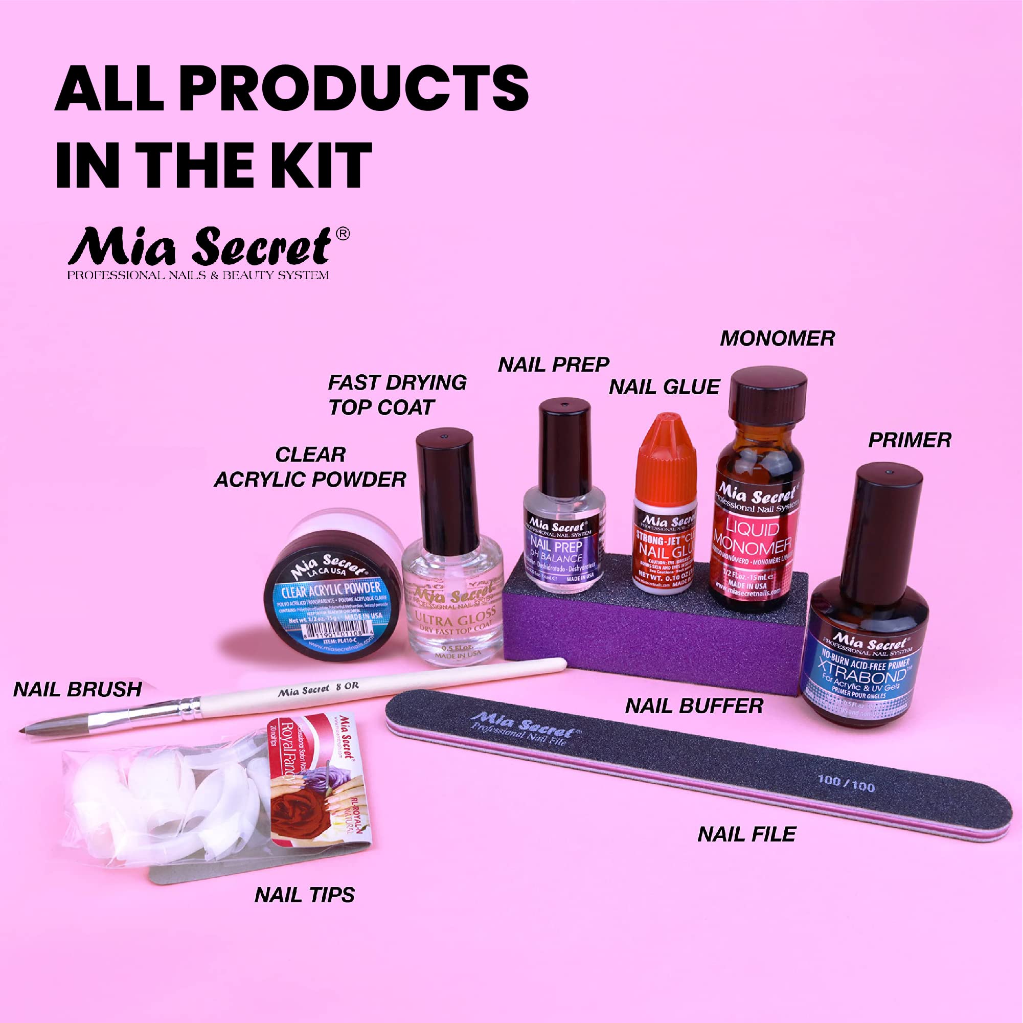 Mia Secret Acrylic Nail Kit — 1/2 oz Monomer, Clear Powder, Top Coat & Tools