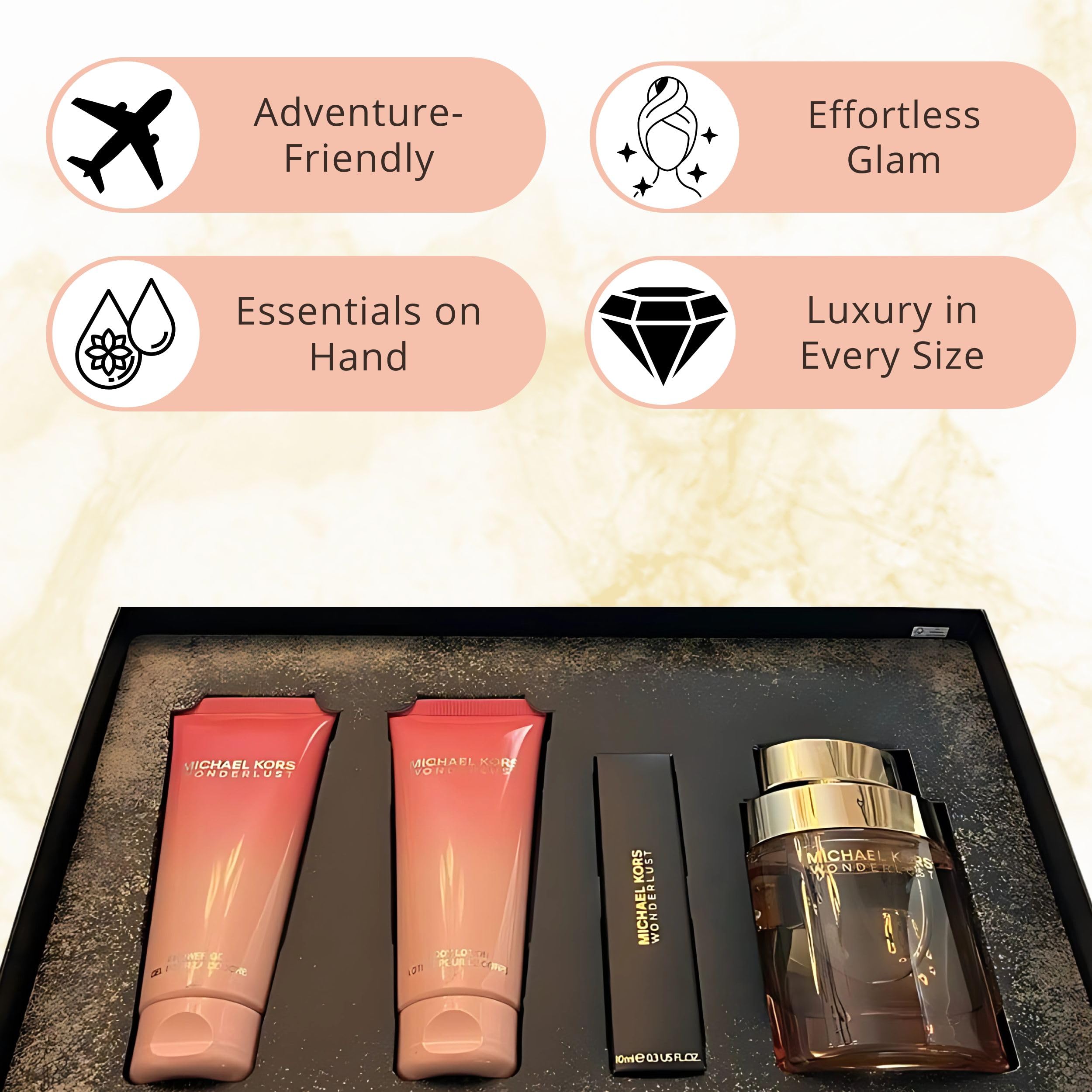 Michael Kors Wonderlust 4-Piece Gift Set for Women – 3.4 oz EDP, Body Lotion, Shower Gel, Mini EDP