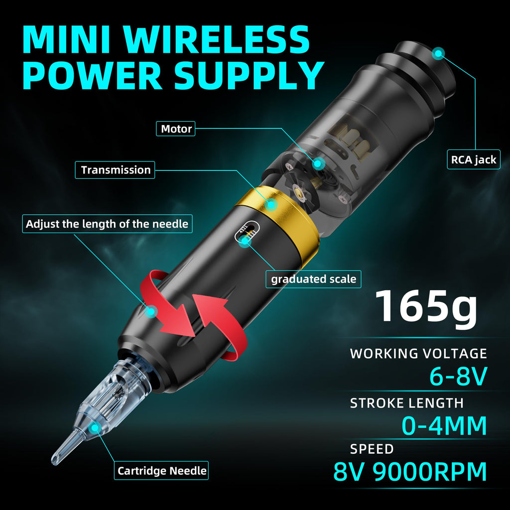 MIHERT Tattoo Gun Kit – Wireless Rotary Machine, 1500mAh Battery, 7 Inks, 20 Cartridges (Golden)