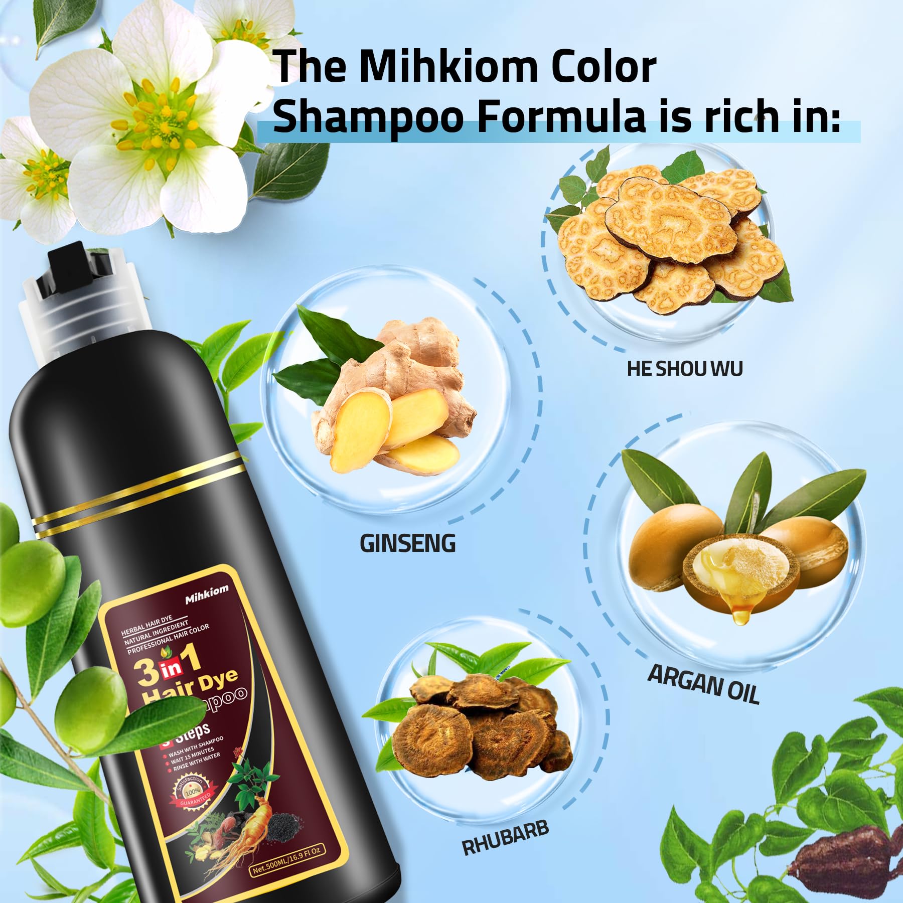 Mihkiom Hair Dye Shampoo 3-in-1 for Women & Men – Wine Red Color, Natural Plant Formula, 20-Minute Refresh