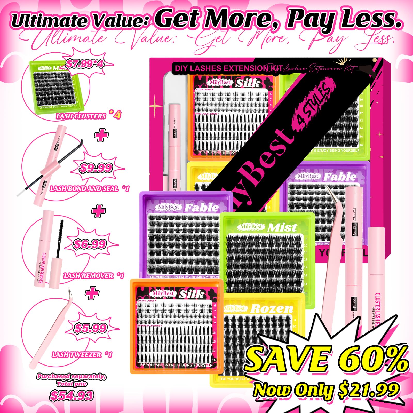 MilyBest 4 Styles Lash Clusters Kit – Silk, Rozen, Fable, Mist with Bond & Seal
