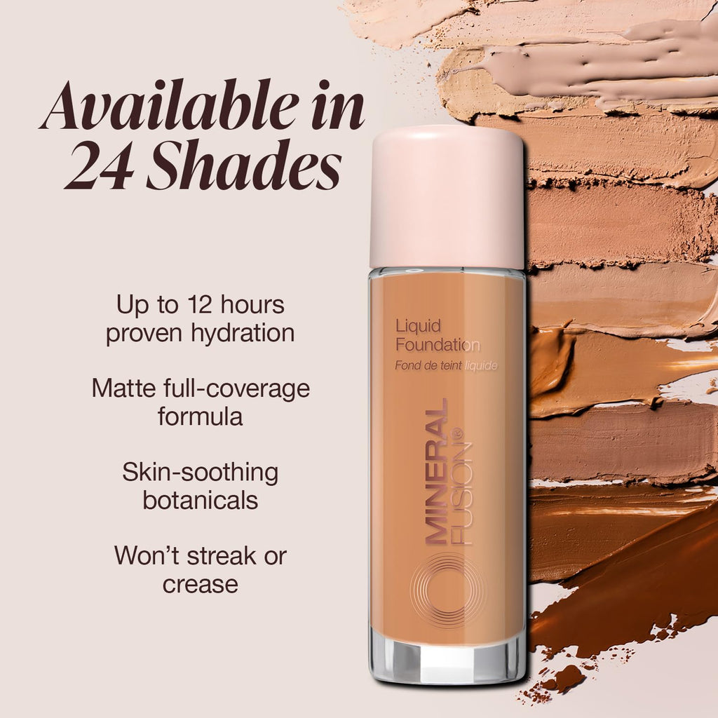 Mineral Fusion Liquid Foundation Warm 5 Tan – Lightweight Matte, 12-Hour Hydration, Vegan