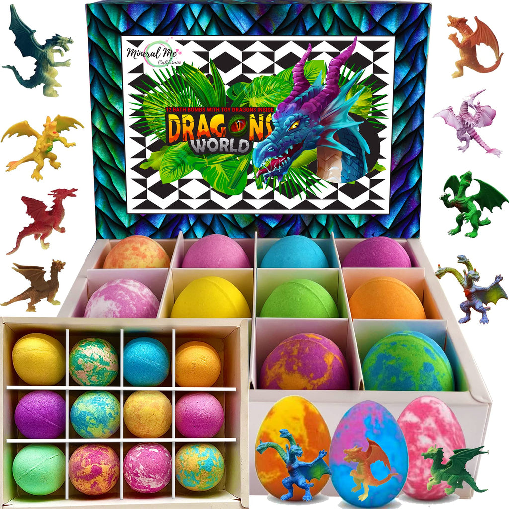 Mineral Me California Kids Bath Bombs with Dragon Egg Toys – 12 Organic Bubble Bath Fizzies