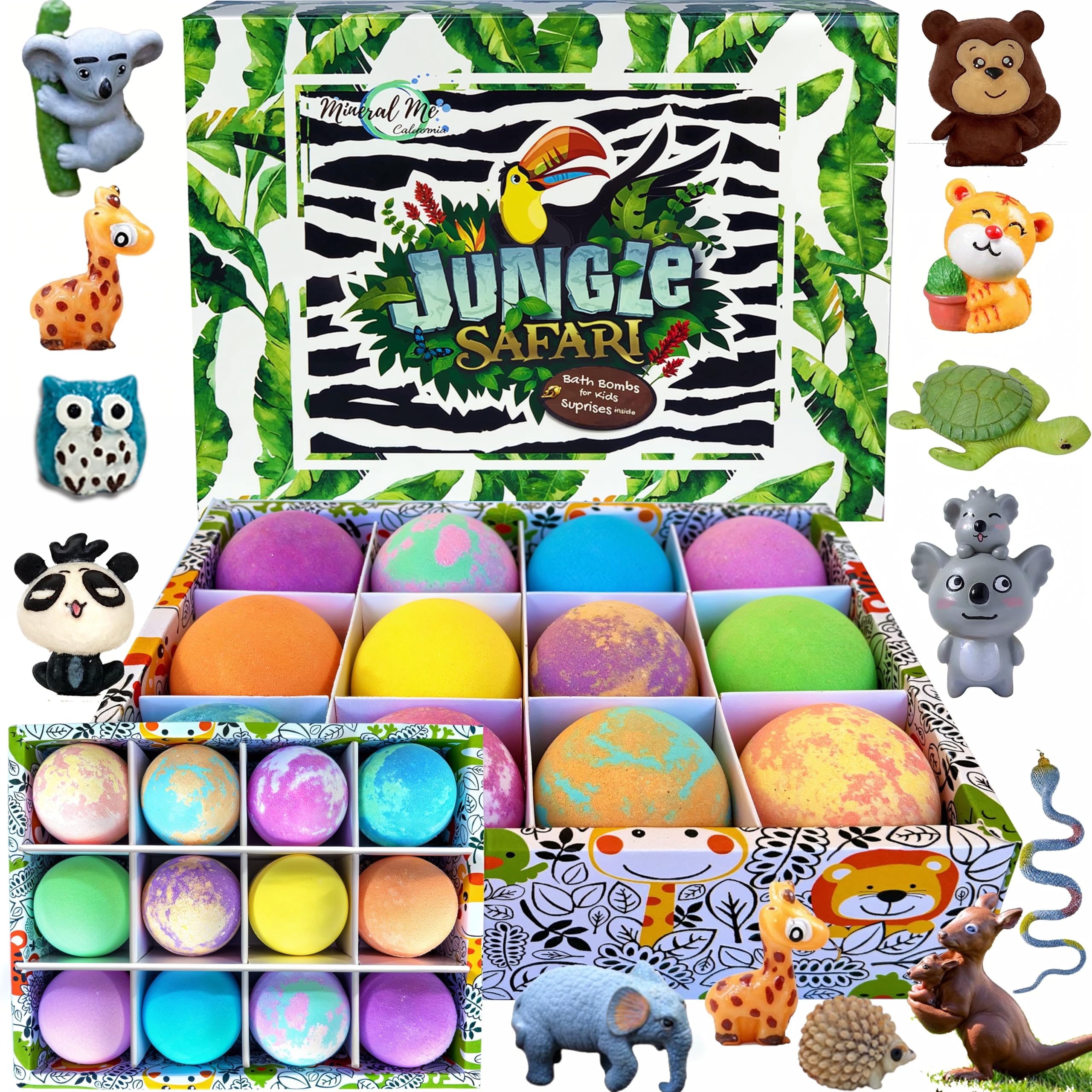 Mineral Me California Kids Bath Bombs with Surprise Inside – 12 Bubble Fizzies & Jungle Animal Toys