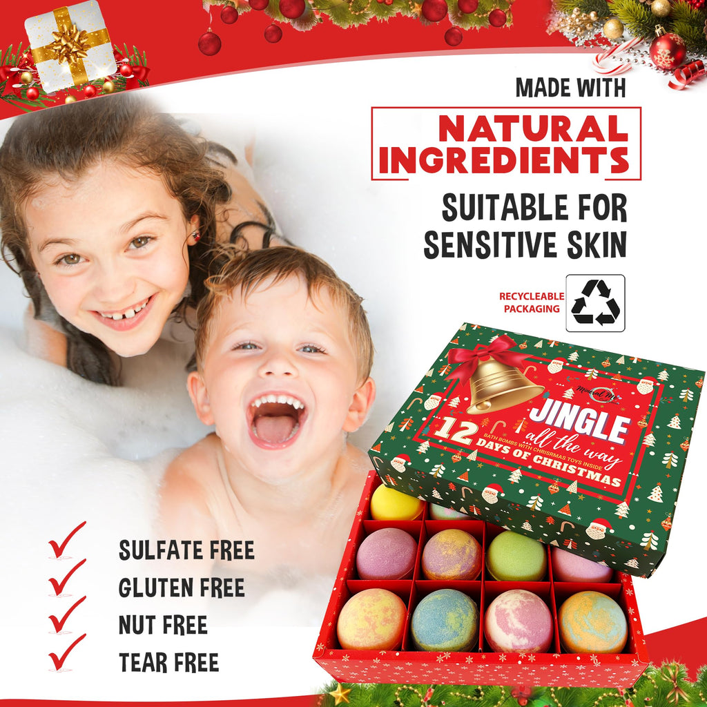 Mineral Me California Christmas Advent Calendar Bath Bombs for Kids – 12 Organic Fizzies with Surprises
