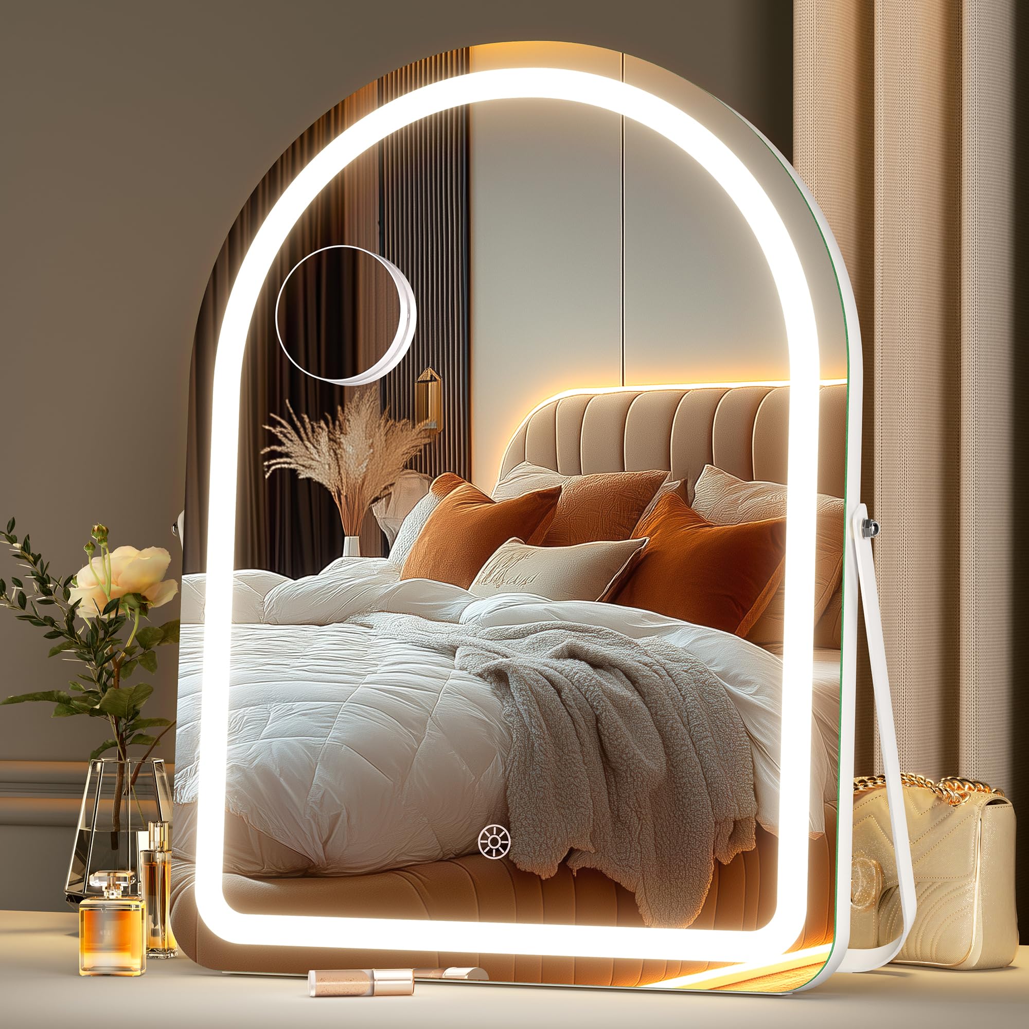 MINISO Vanity Mirror with Lights - 14x18 Arched Makeup Mirror, 3 Color Lights, Adjustable Brightness, 10X Magnification
