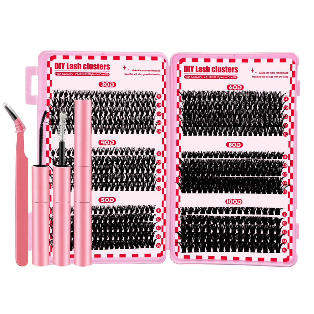 MINNNANOTOKU Lash Extension Kit DIY – 640pcs Lash Clusters, Bond & Seal, Tweezers, 10-16mm