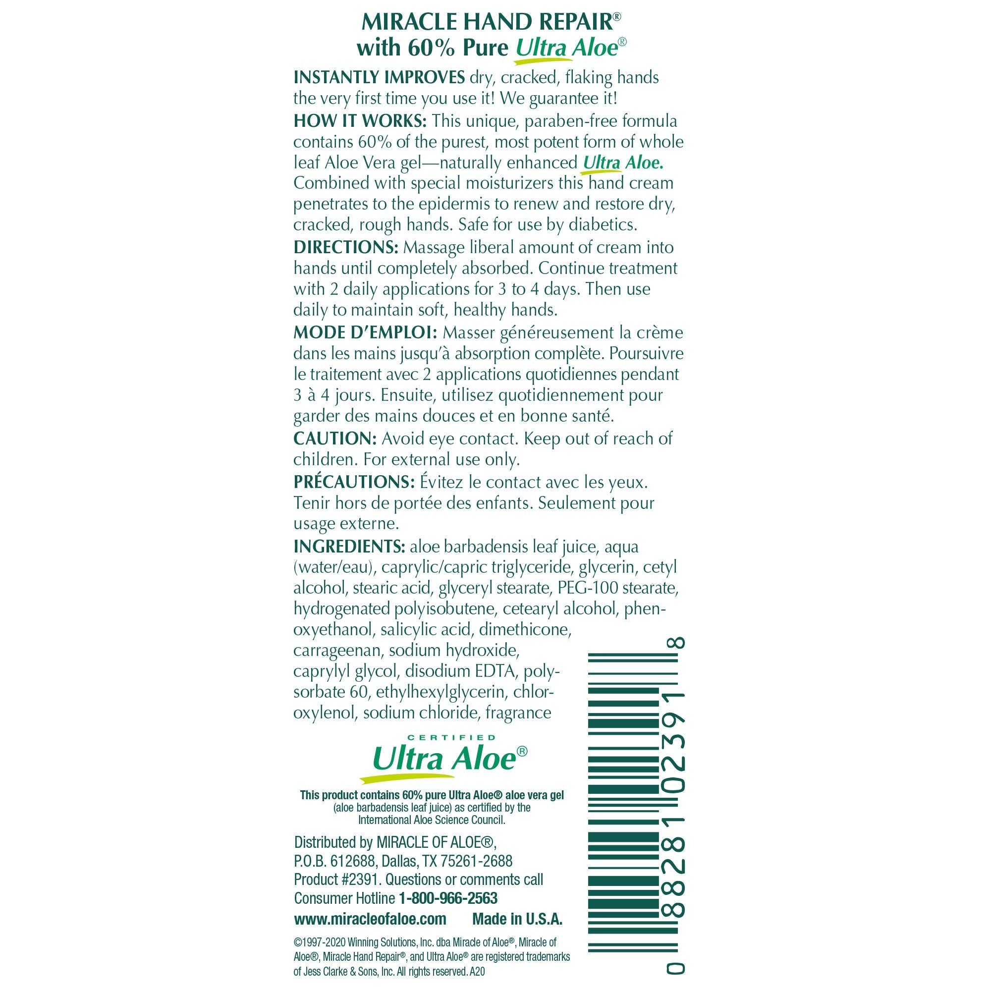 Miracle of Aloe Hand Repair Cream – 60% UltraAloe, 8 oz, Non-Greasy, Fast-Absorbing (2-Pack)