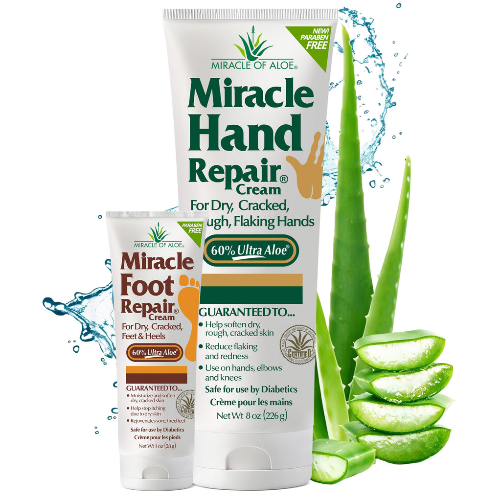 Miracle of Aloe Hand Repair 8 oz & Foot Repair 1 oz – Fast-Absorbing Moisturizing Duo