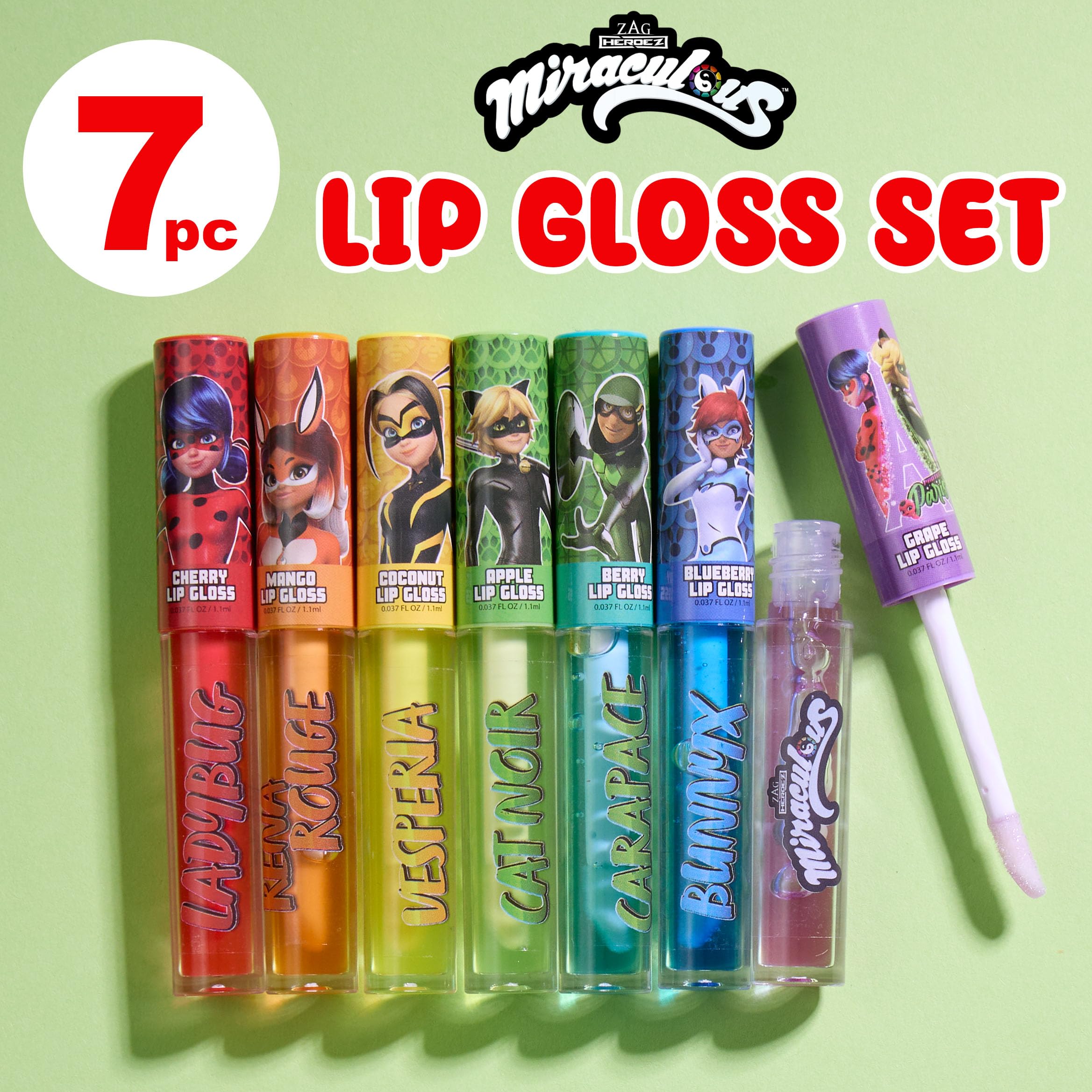 Miraculous 7pc Lip Gloss Set – Zag Heroez Collection with Fruity Flavors & Precision Wand