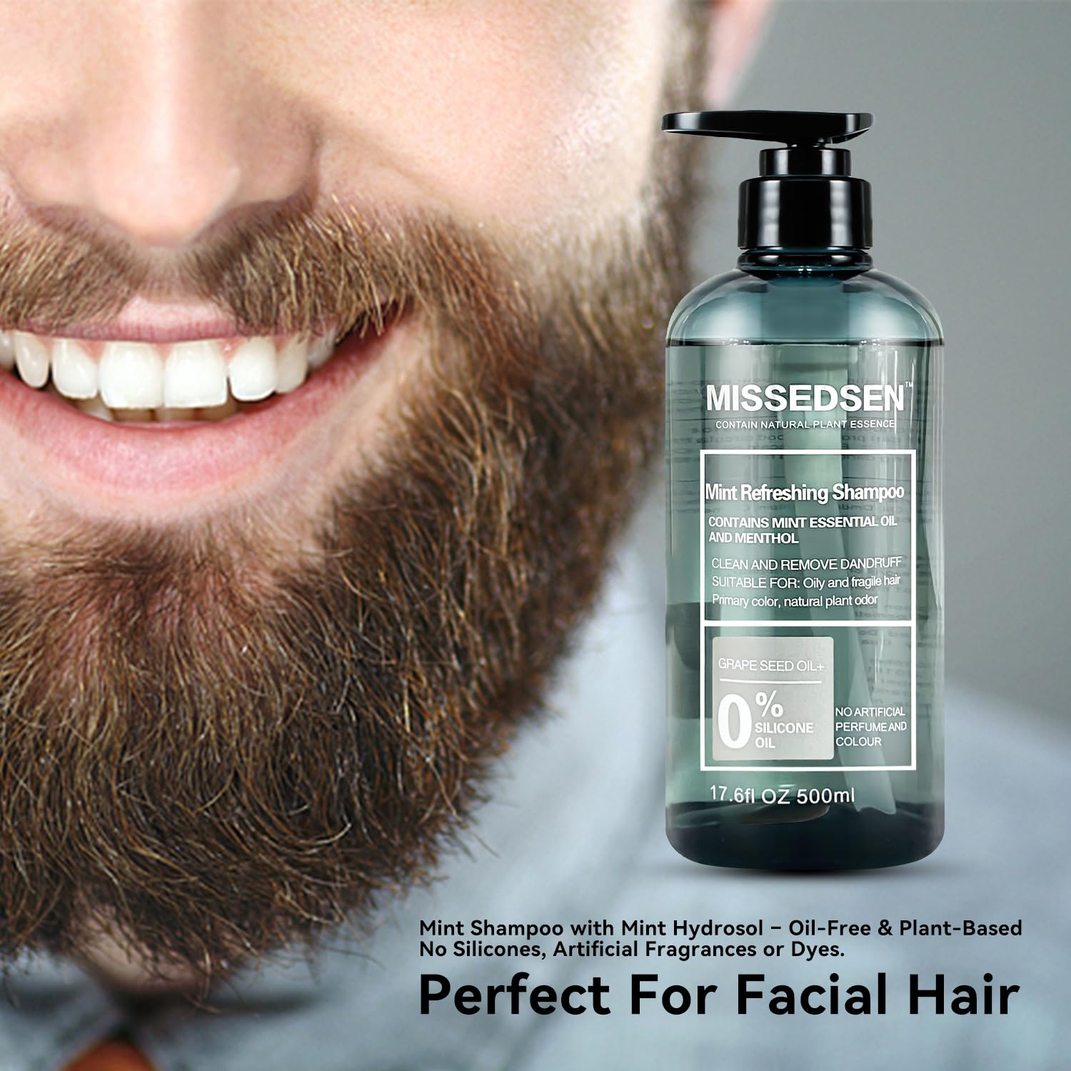 MISSEDSEN Organic Mint Beard Wash – Fragrance-Free Shampoo for Oily Hair, 17.6 oz