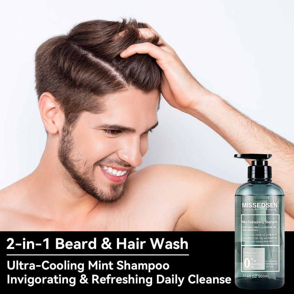 MISSEDSEN Organic Mint Beard Wash – Fragrance-Free Shampoo for Oily Hair, 17.6 oz