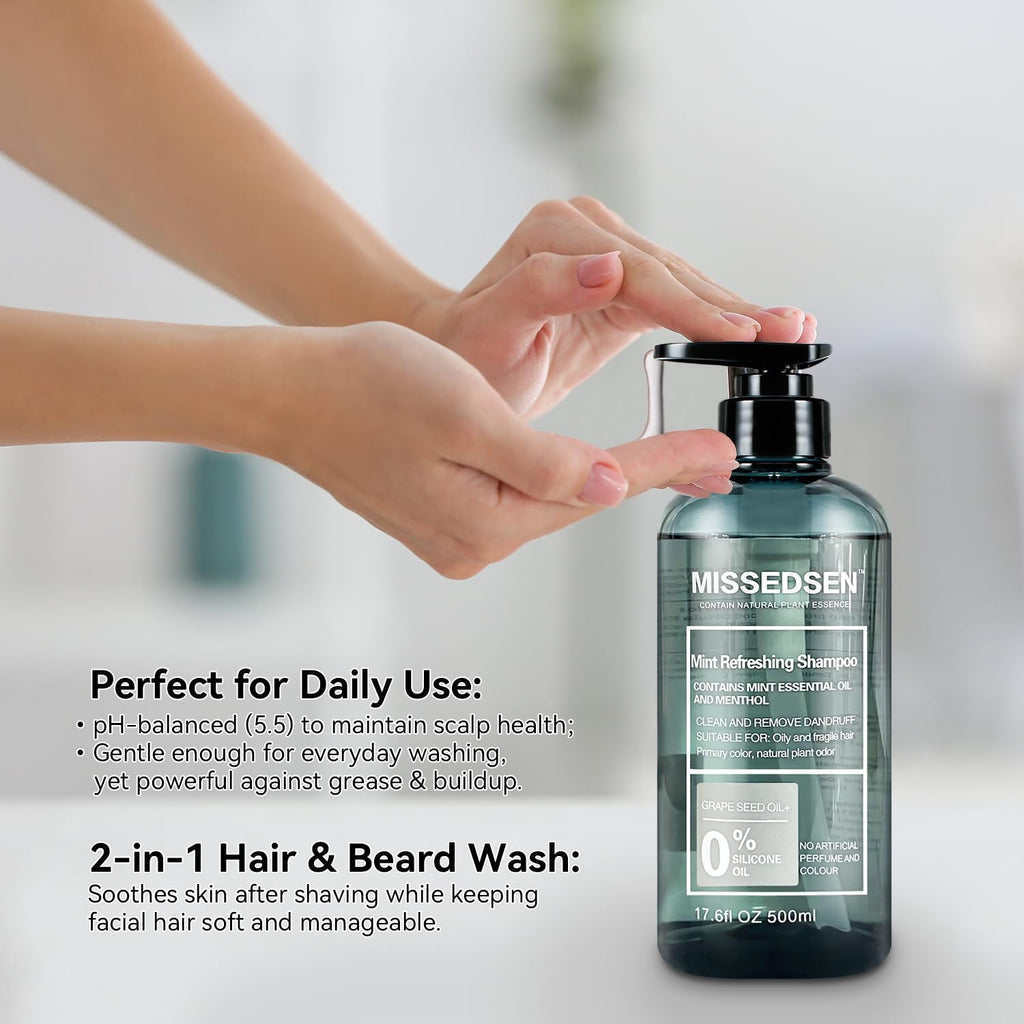 MISSEDSEN Organic Mint Beard Wash – Fragrance-Free Shampoo for Oily Hair, 17.6 oz