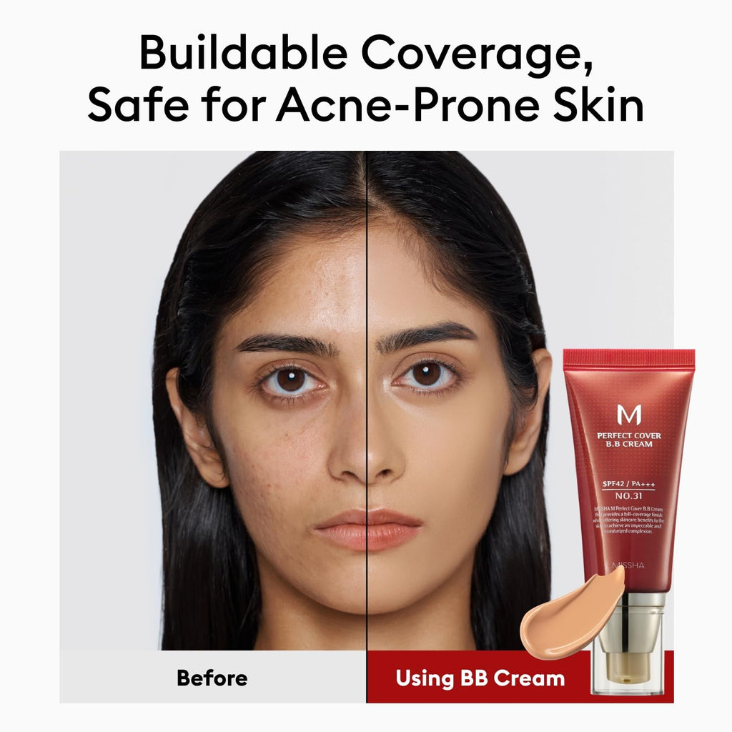 MISSHA M Perfect Cover BB Cream No.31 Golden Beige SPF 42 PA+++ | All-in-One Tint for Face | Valentine’s Day Gift for Her