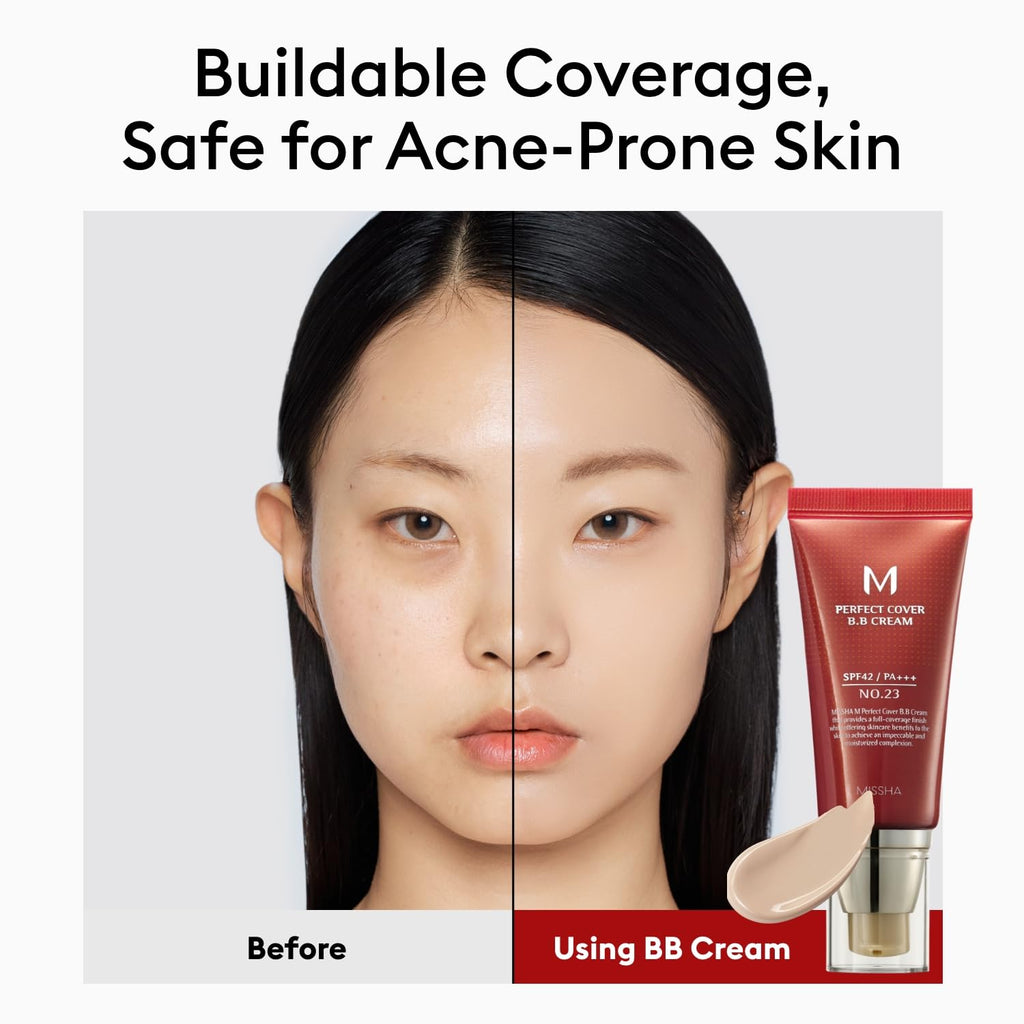 MISSHA M Perfect Cover BB Cream No.23 Natural Beige – SPF 42 PA+++ (Light/Medium, Cool/Neutral Undertone) 1.69 fl oz