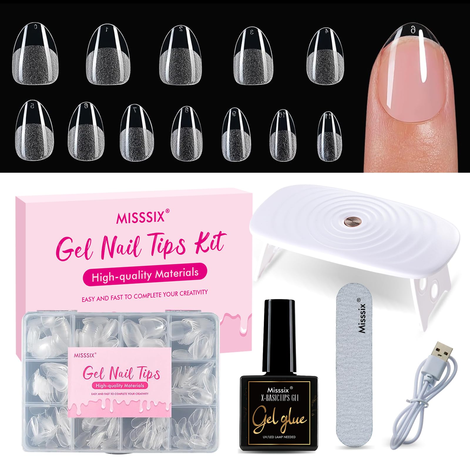 Misssix Extra Short Almond Gel Nail Tips Kit — 360Pcs, 12 Sizes, 9-in-1 Glue & Mini UV Lamp