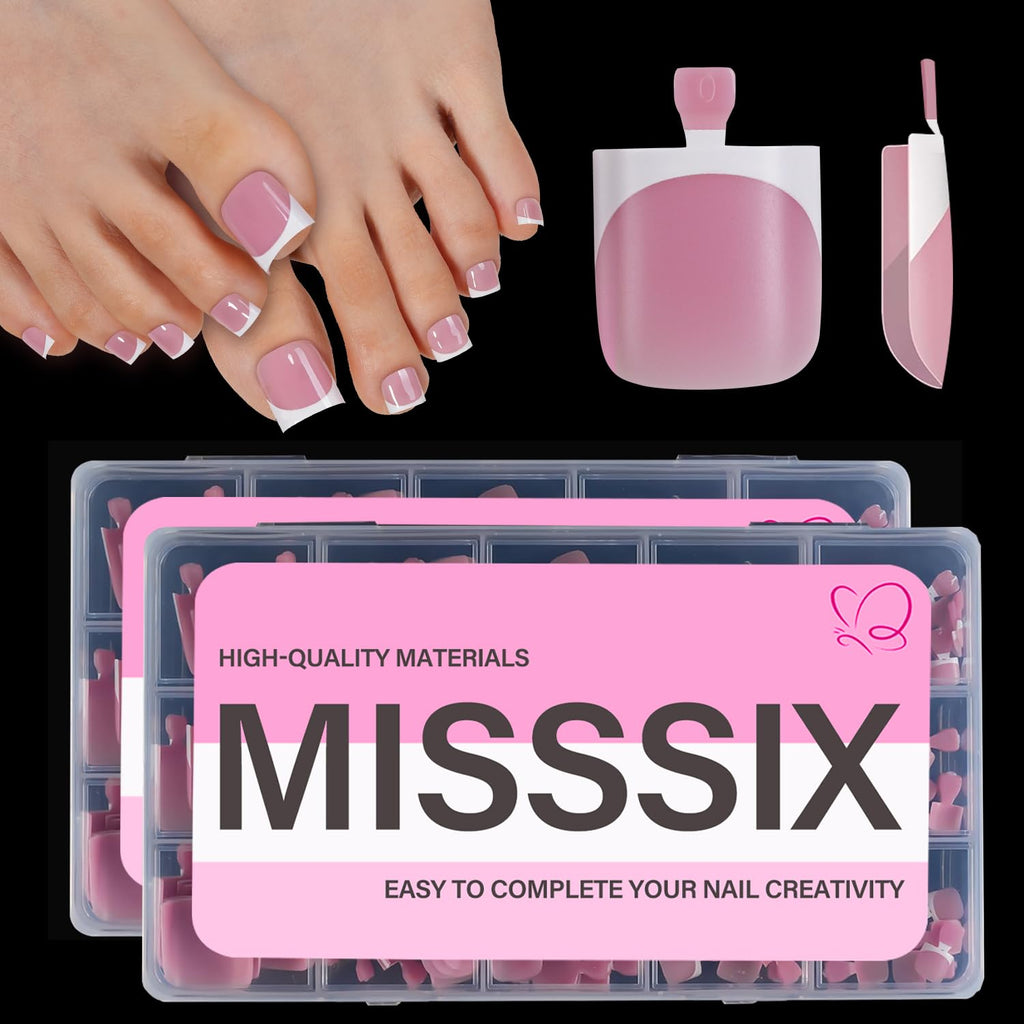 Misssix French Tip Press-On Toe Nails – 300 Pcs, 15 Sizes, Soft Gel